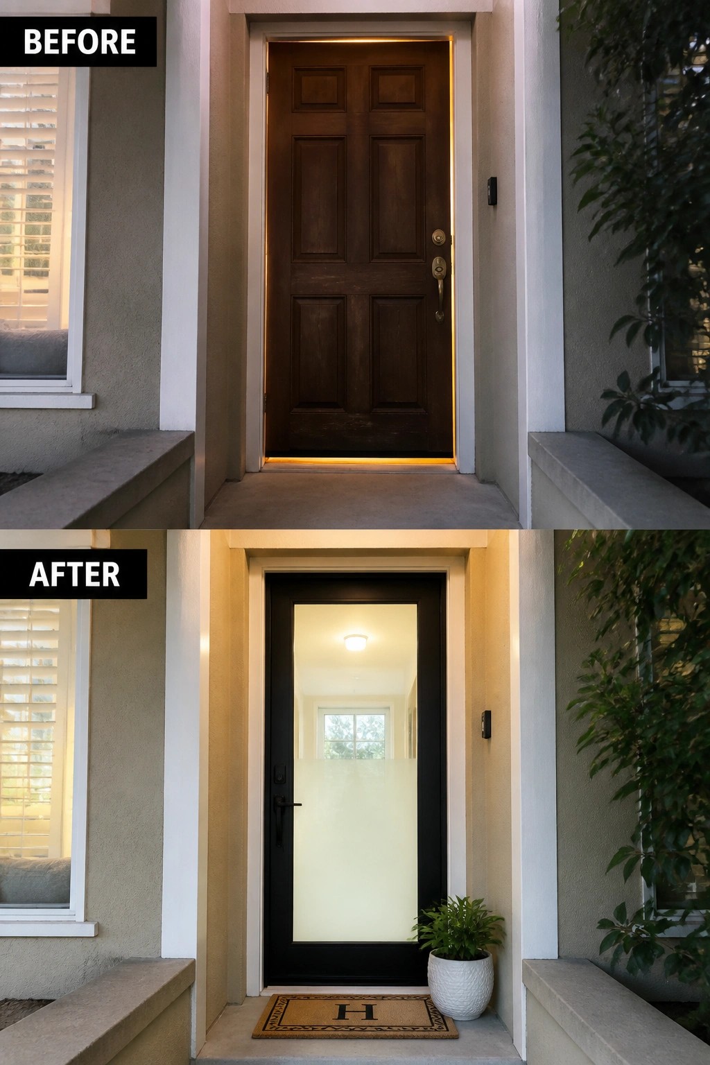 Before-and-after image of a plain front entry updated by replacing a solid door with a frosted glass door and adding a doormat and potted plant.