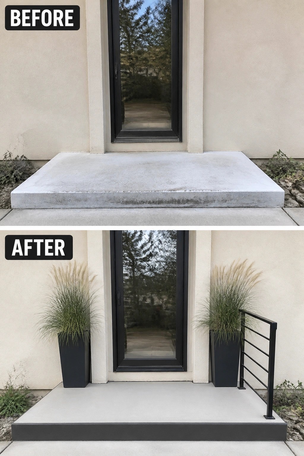 Before-and-after image of a plain concrete front step updated with two tall planters and a simple metal railing to define the entry.