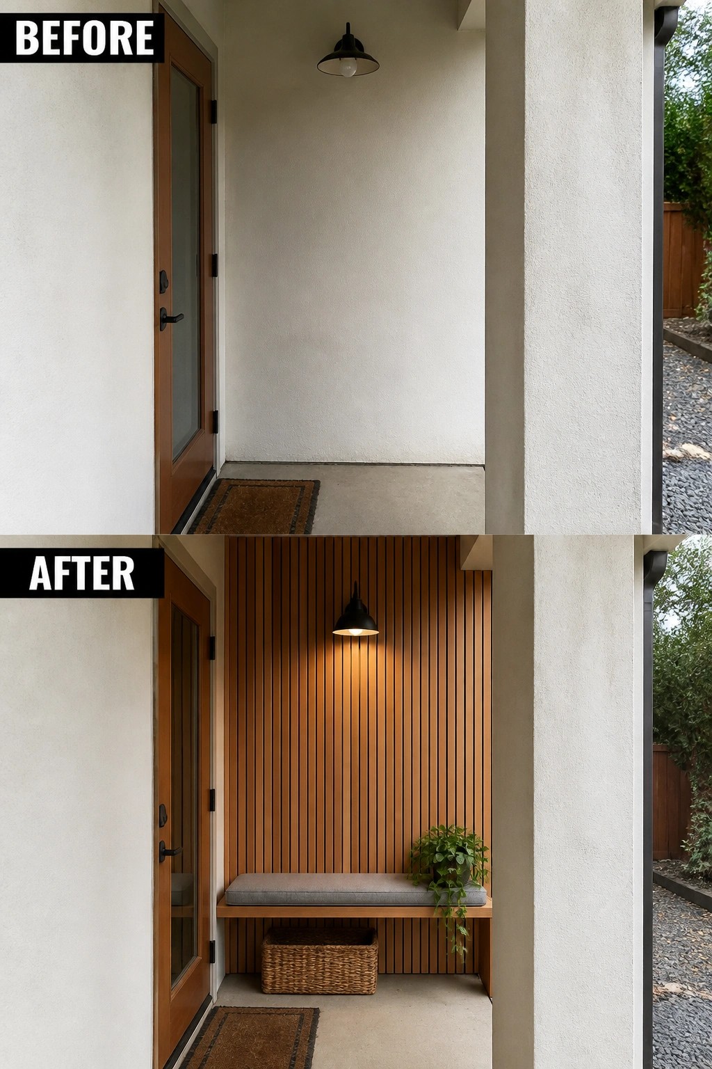 Before-and-after image of a bare front entry updated into a small seating nook with a slatted wood accent wall, a slim bench with cushion, a wall light, and a basket.