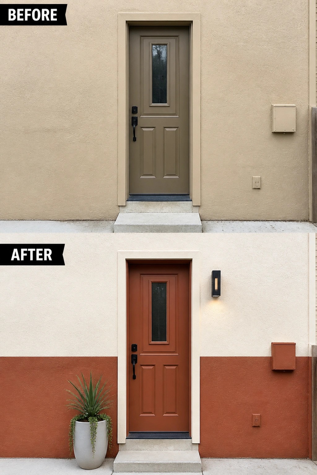 Before-and-after image of a plain beige house entry updated with a painted lower wall band and a matching terracotta front door.