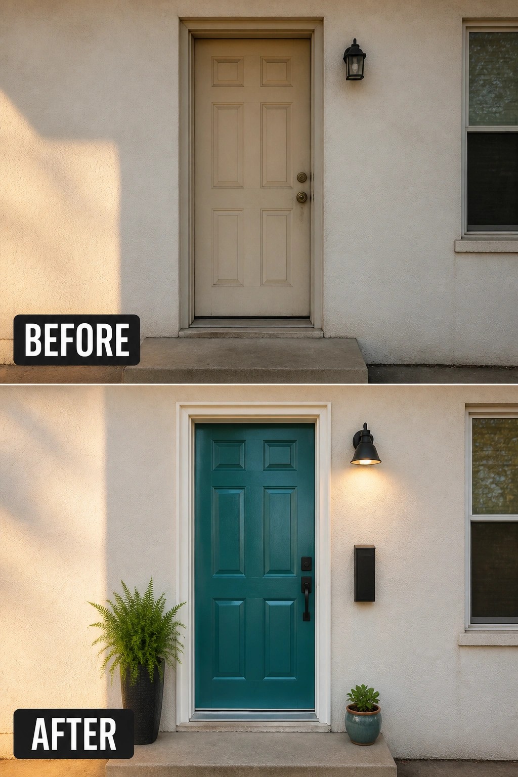 Before-and-after image of a plain front entry updated with a painted teal door, new black hardware and light, and potted plants.