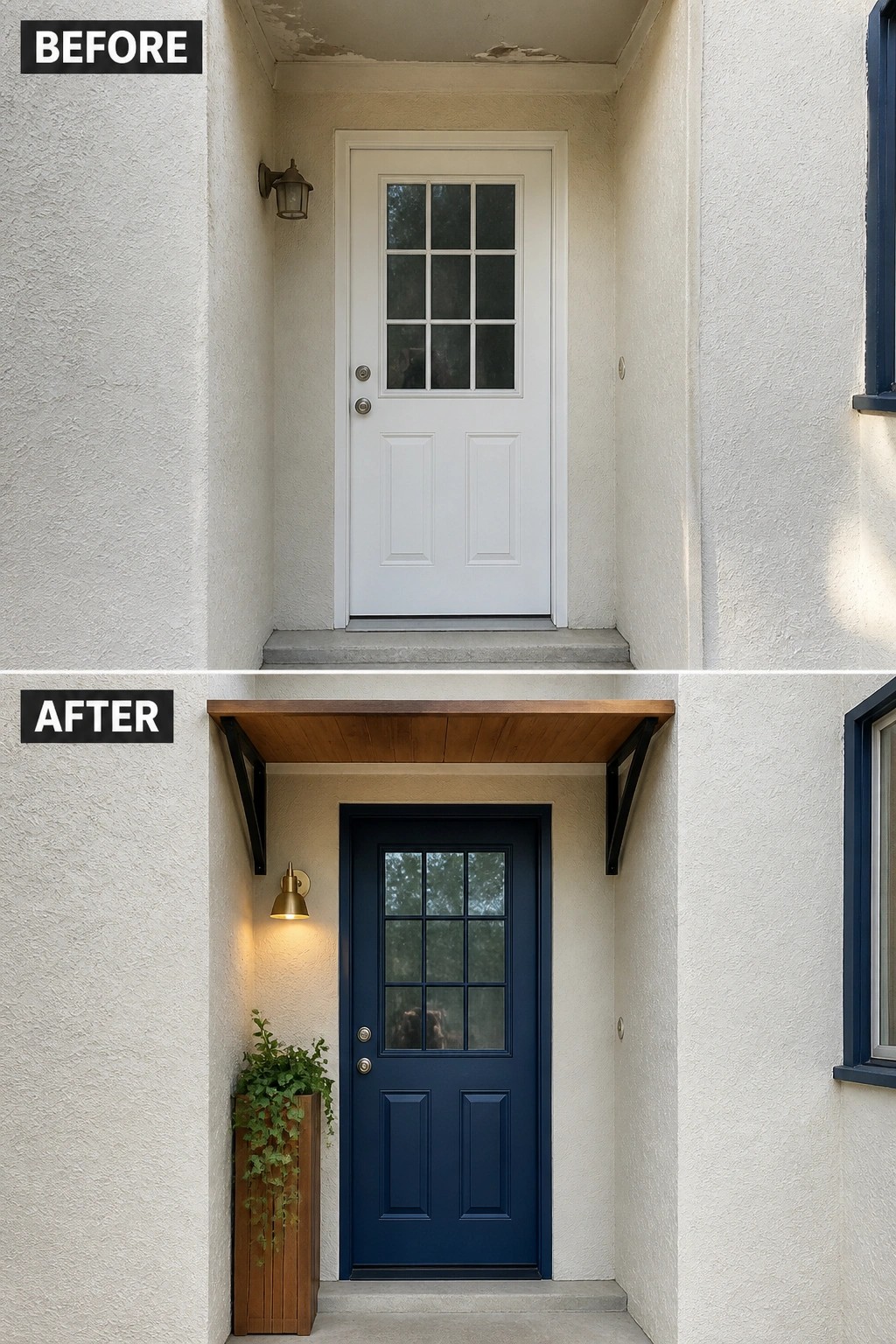 Before-and-after image of a narrow front entry updated by painting the door a dark blue and adding a small wood awning above it.