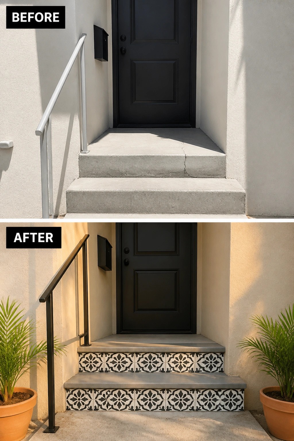 Before-and-after image of a plain concrete front entry updated with patterned tile on the step risers, a new black handrail, and potted plants.