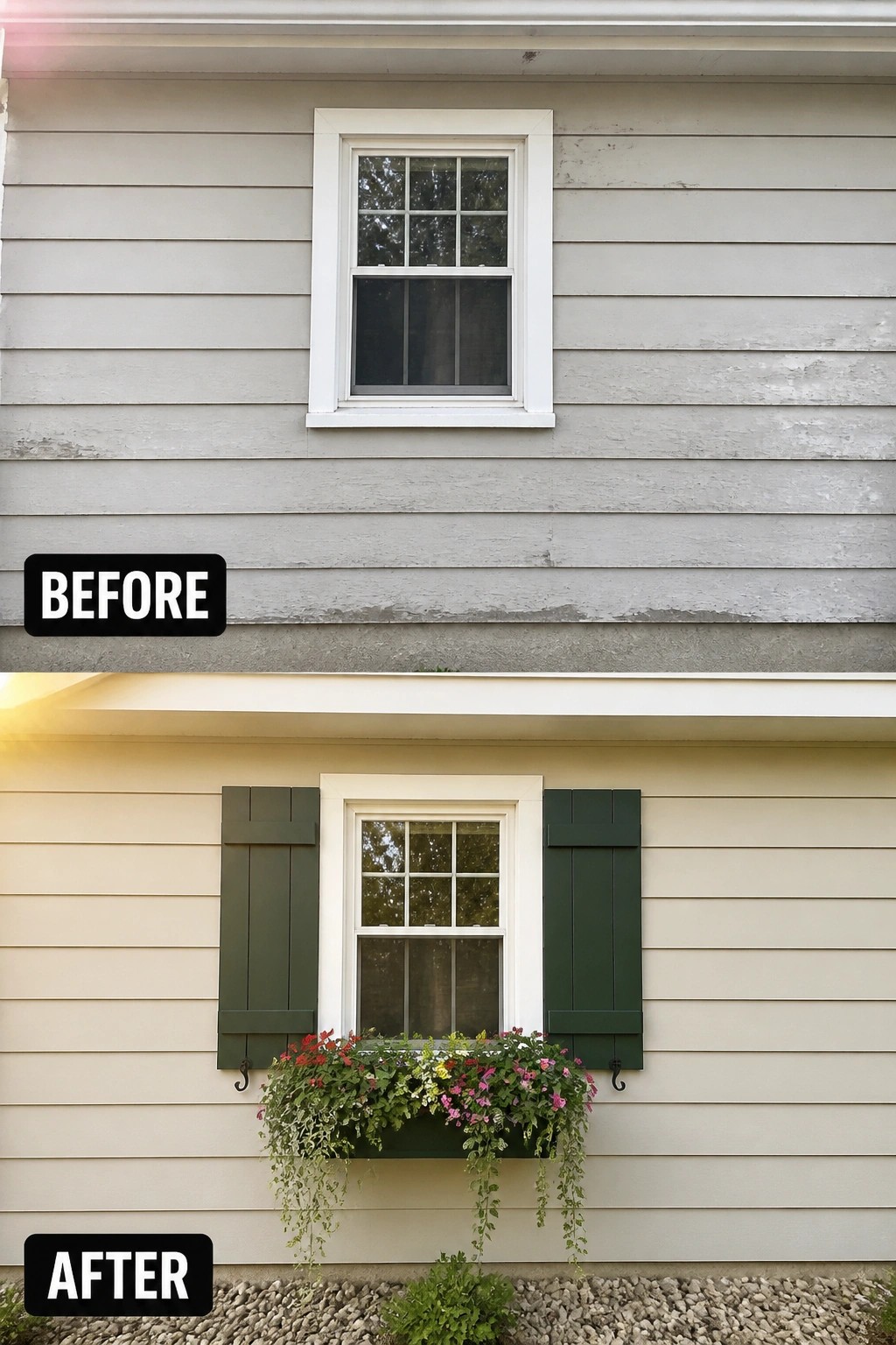 Before-and-after image of a plain house wall updated with fresh siding, dark green shutters, and a flower-filled window box.