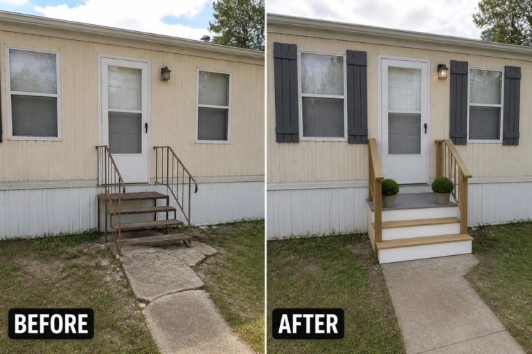 Before-and-after mobile home exterior: rusty metal steps replaced by wooden stairs, gray shutters.