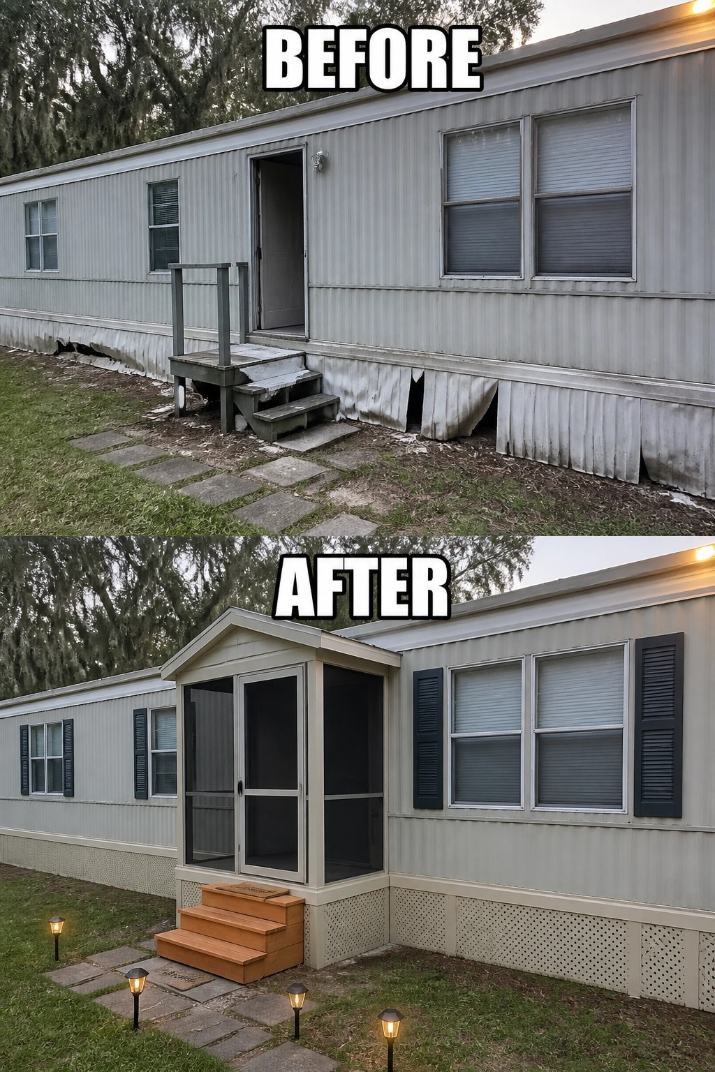 Before-and-after image of a mobile home where a plain side entrance was updated with a small screened porch, new skirting, steps, and shutters.