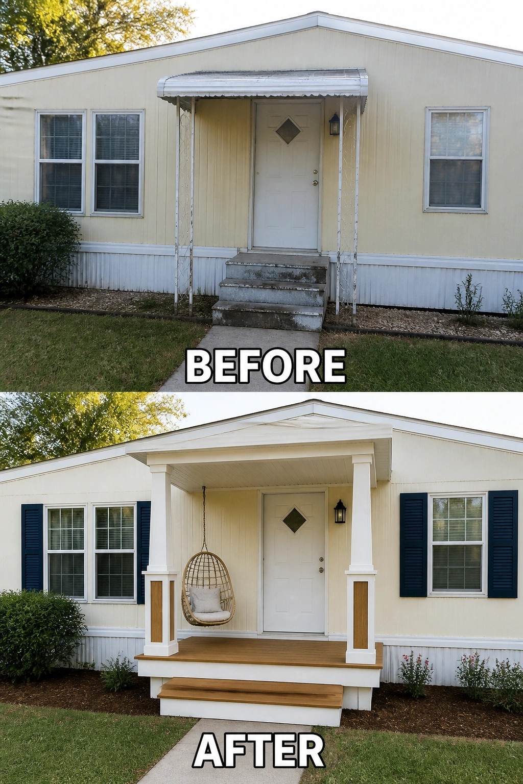 Before-and-after image showing a plain mobile home entrance replaced by a small covered porch with columns, wood steps, blue shutters, and a hanging chair.