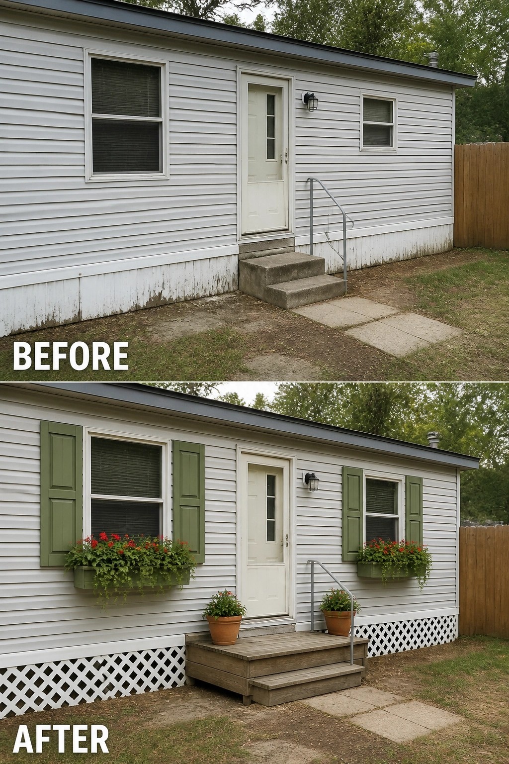 Before-and-after image of a plain mobile home front updated with green shutters, window boxes, a small wooden porch, and potted plants.