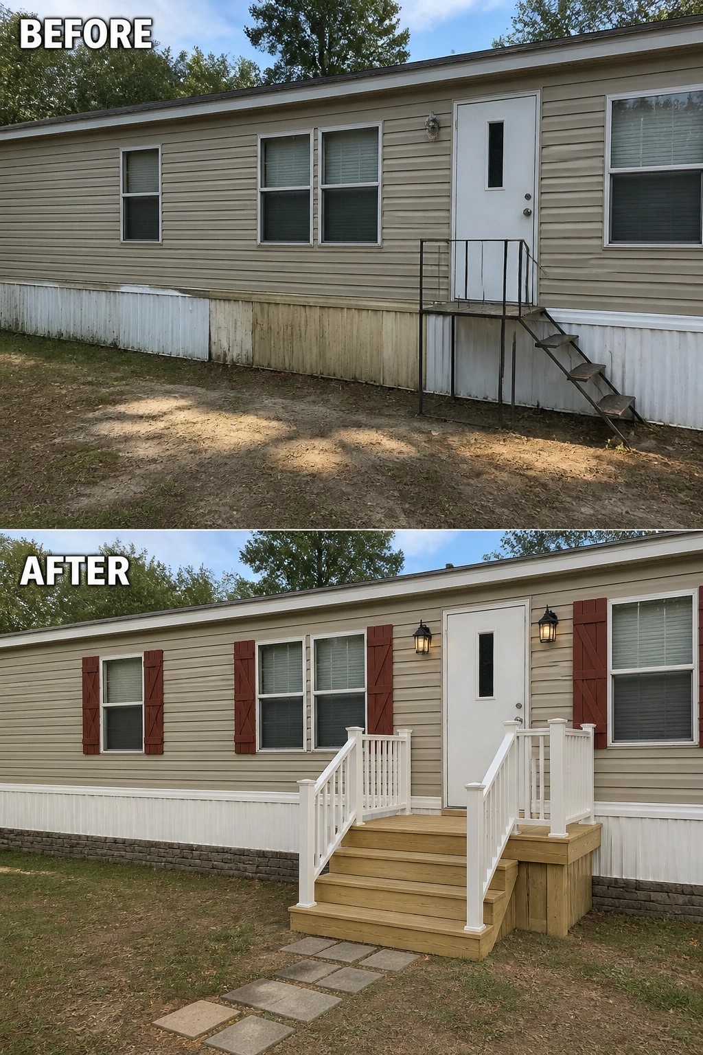 Before-and-after image of a mobile home exterior where a small metal step was replaced with a wood front porch with railings, matching shutters, and new wall lights.