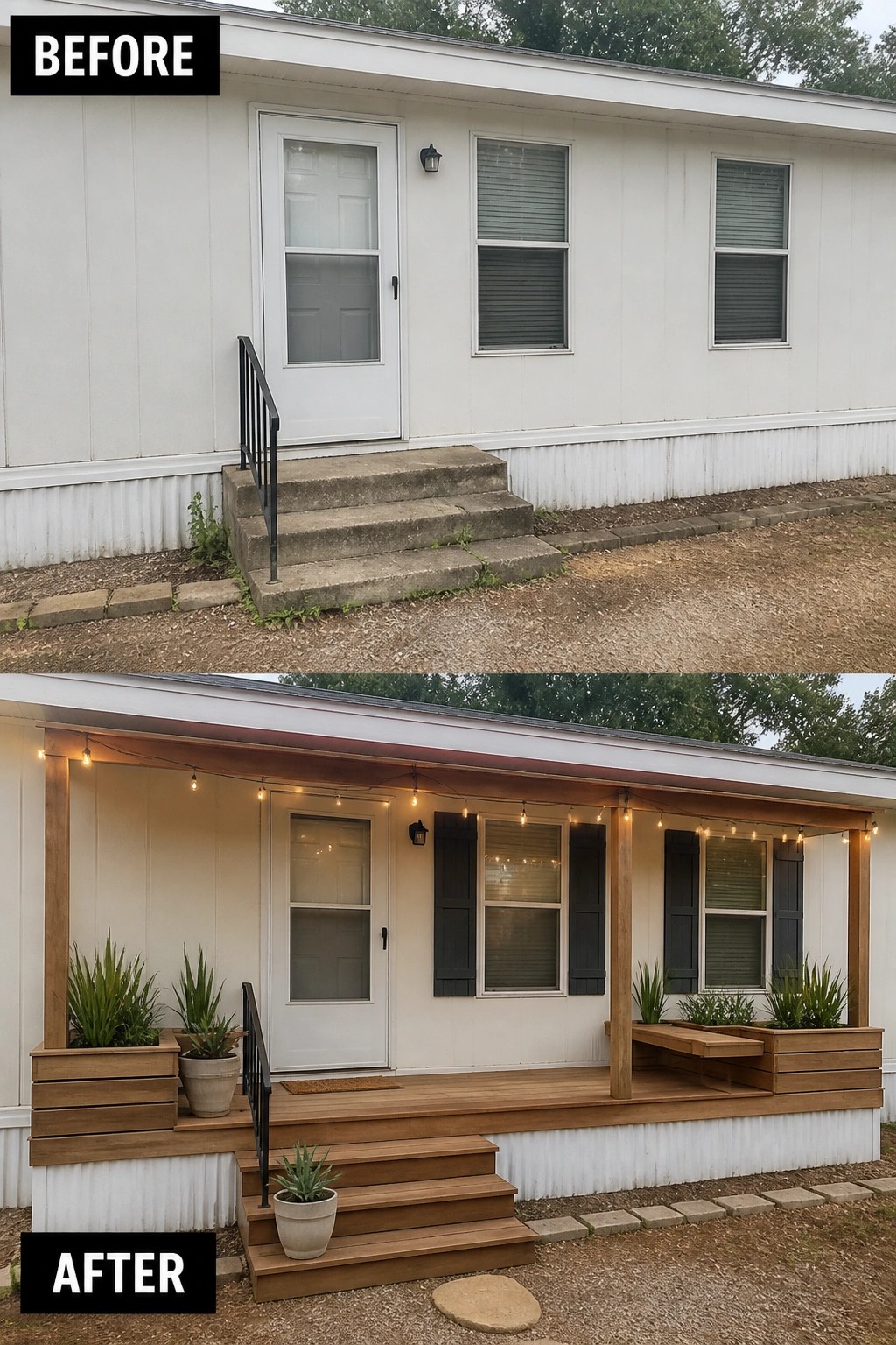 Before-and-after image of a mobile home front where plain concrete steps were replaced by a small wooden porch with planter boxes, posts, shutters, and string lights.
