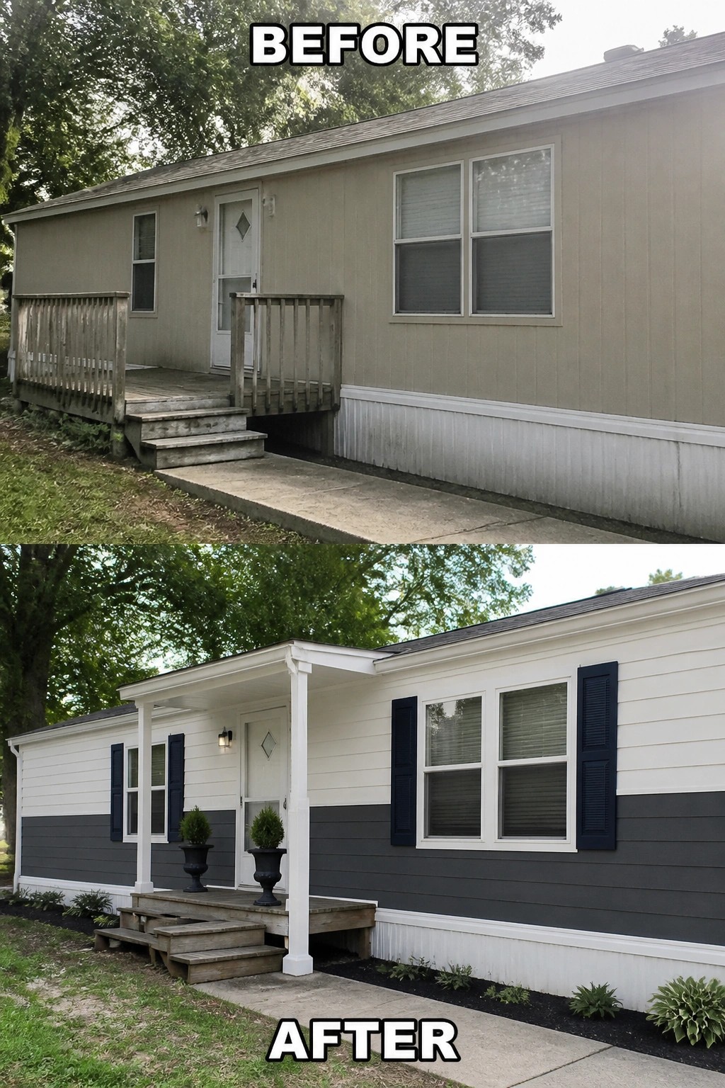 Before-and-after image of a plain mobile home updated with a small covered front porch, new stairs, shutters, two-tone siding, and planted borders.