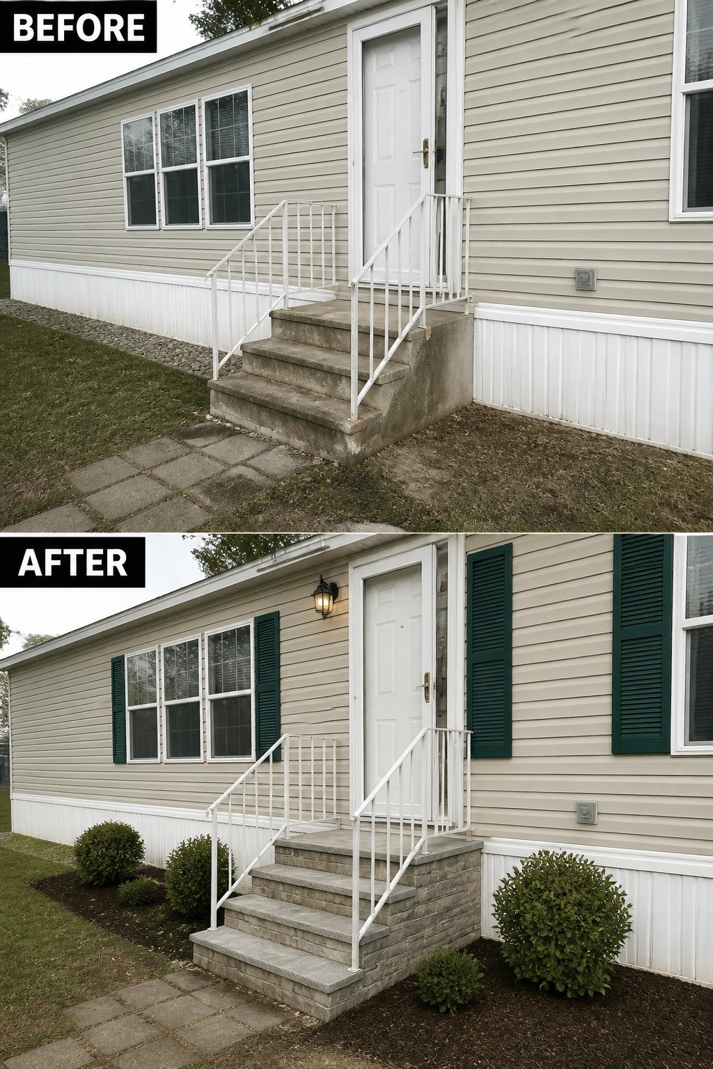 Before-and-after image of a mobile home front entry where plain concrete steps were updated with stone-clad steps, shutters, a porch light, and planted shrubs.