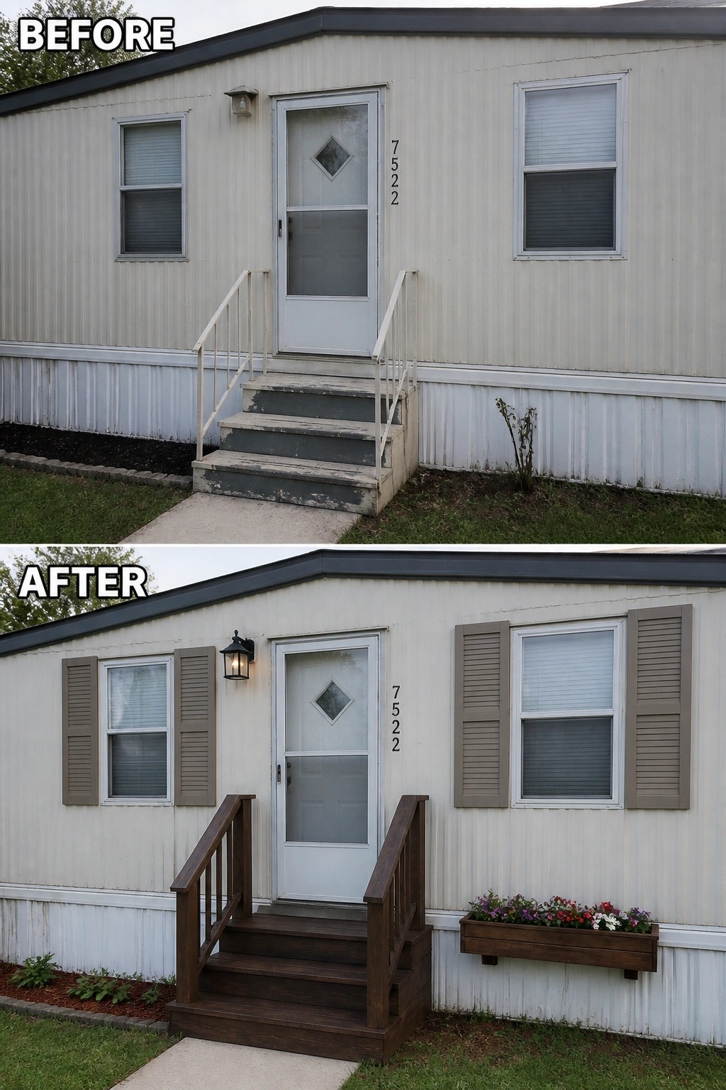 Before-and-after image of a plain mobile home entry updated with a small wooden front porch and steps, added window shutters, an exterior lantern, and a flower box.
