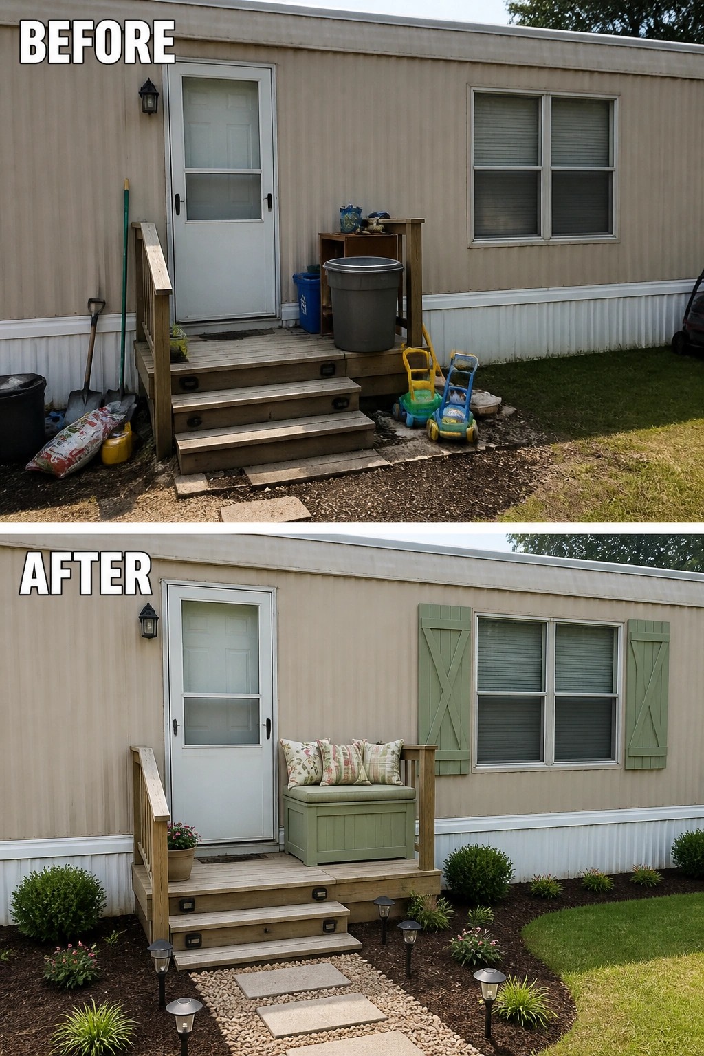 Before and after mobile home entrance: cluttered steps replaced by green shutters, cushioned bench, pavers.
