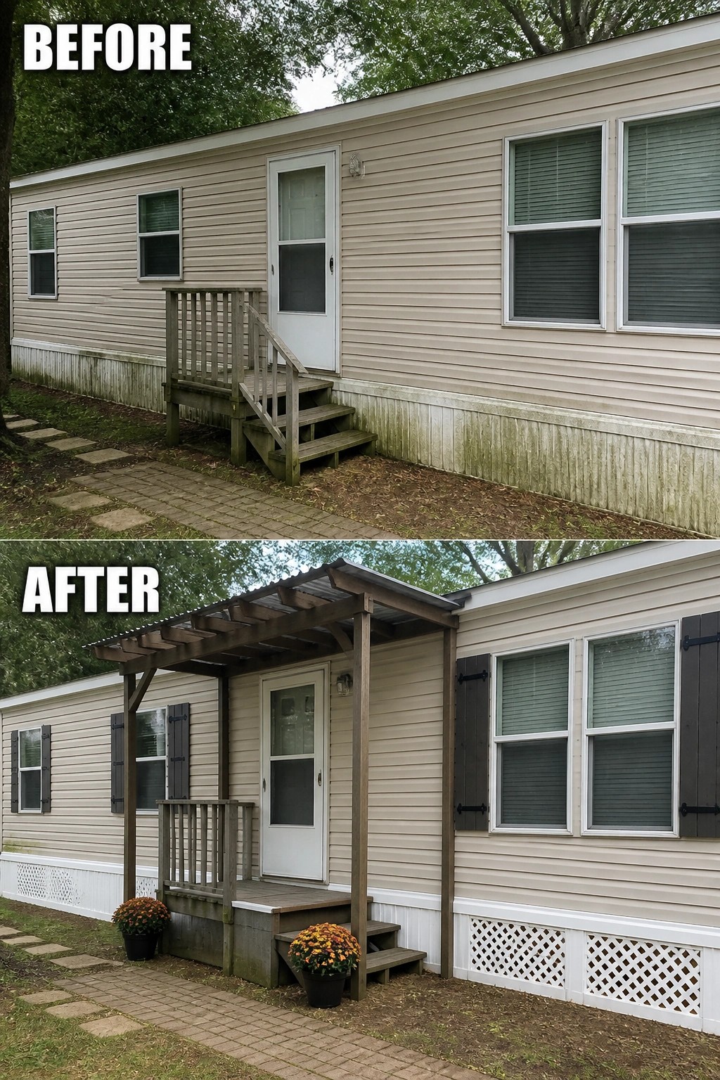 Before-and-after image of a plain mobile home entry updated with a small covered porch, shutters, lattice skirting, and potted plants.
