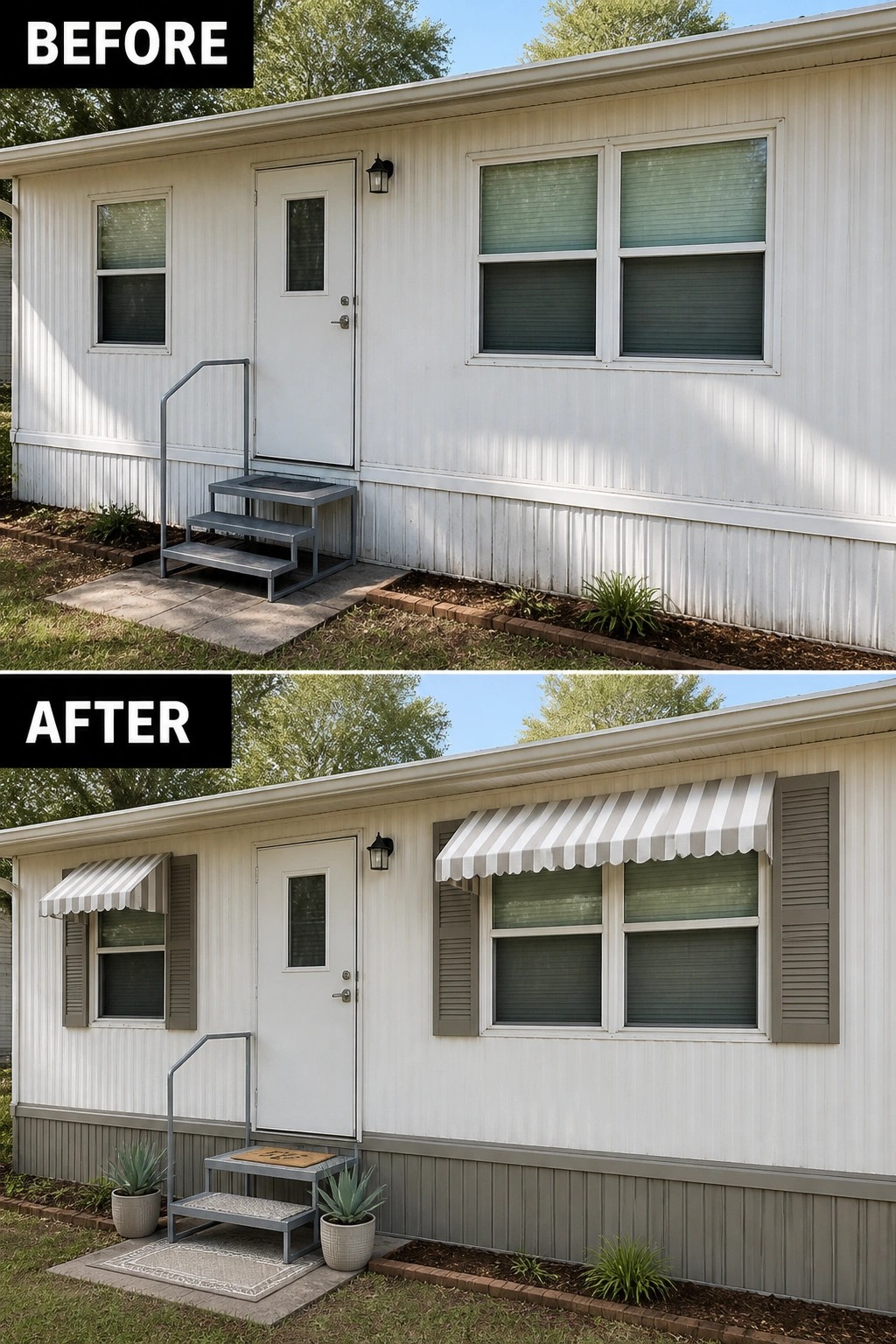 Before-and-after image of a mobile home exterior where a plain entry is updated with striped window awnings, painted skirting, and matching potted plants to create a defined front step area.