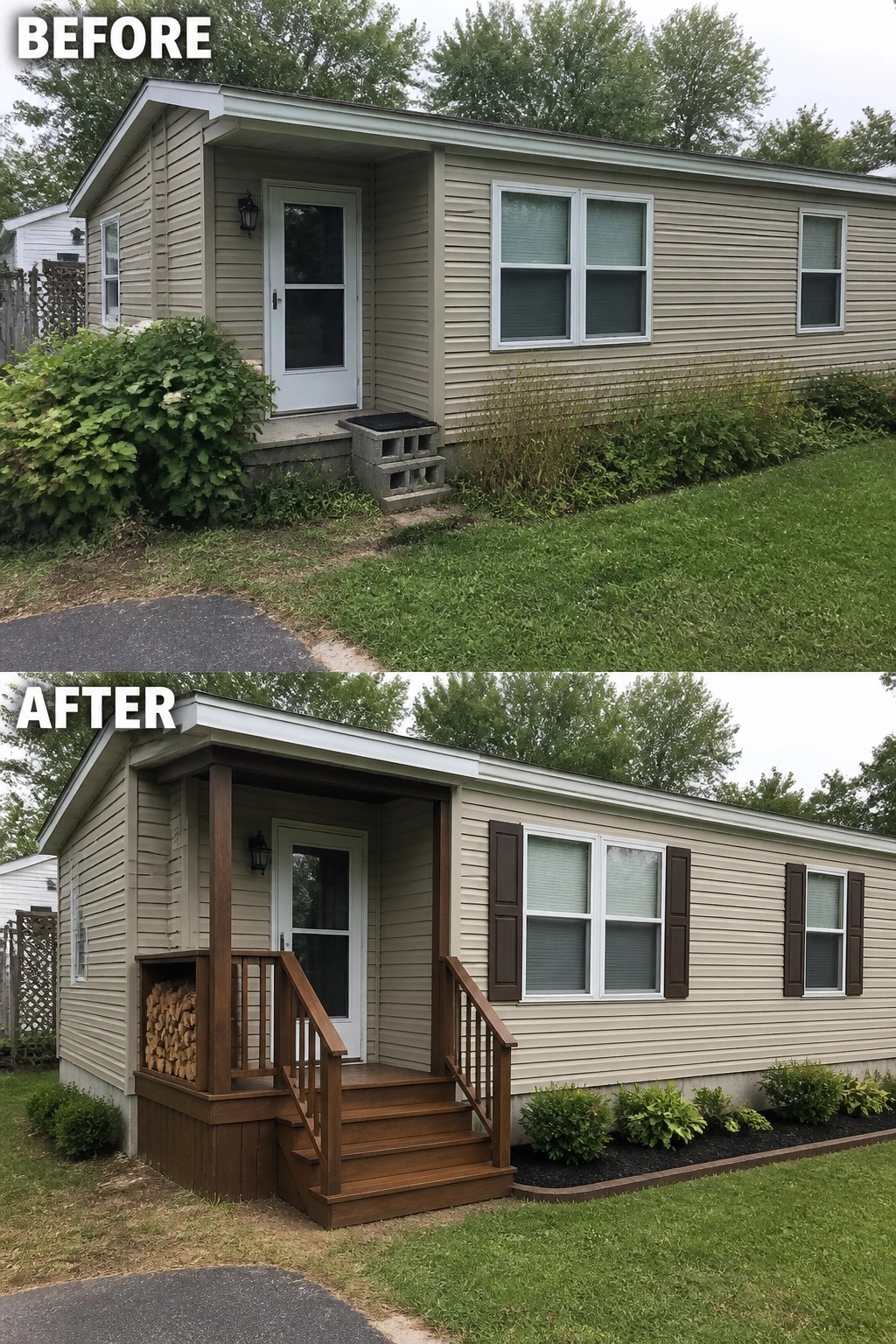Before-and-after image of a mobile home front showing a plain stoop updated with a small covered wooden porch, steps and railings, plus shutters and a neat planted bed.