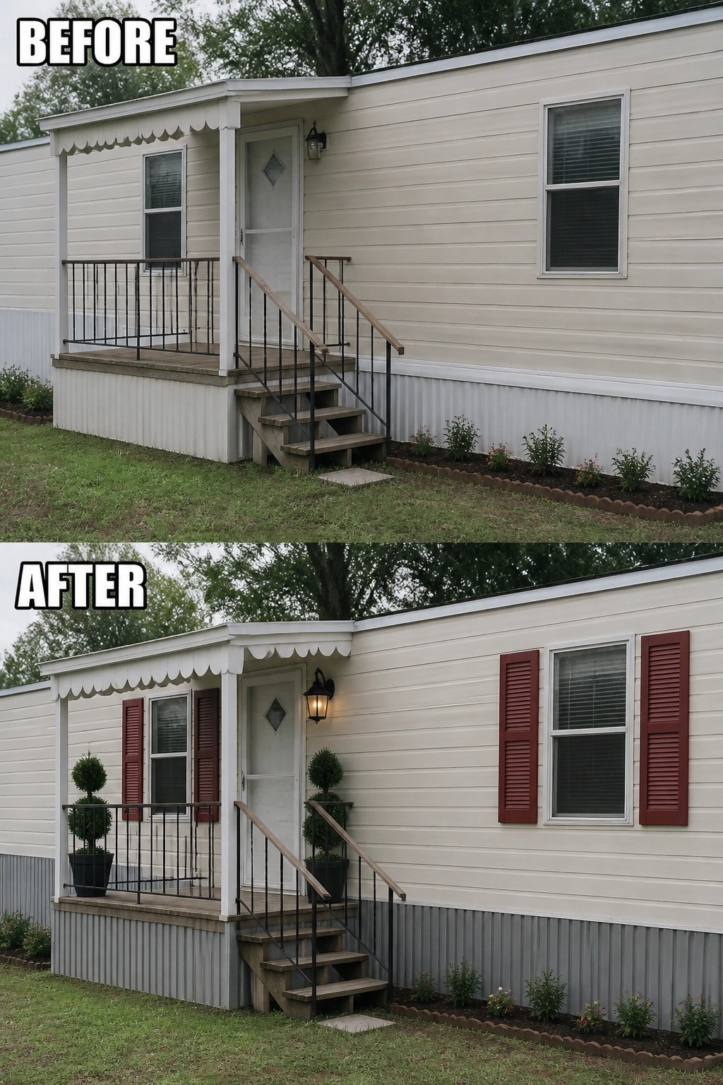 Split before-and-after mobile home exterior: added red shutters, potted topiaries, lantern, gray skirting.