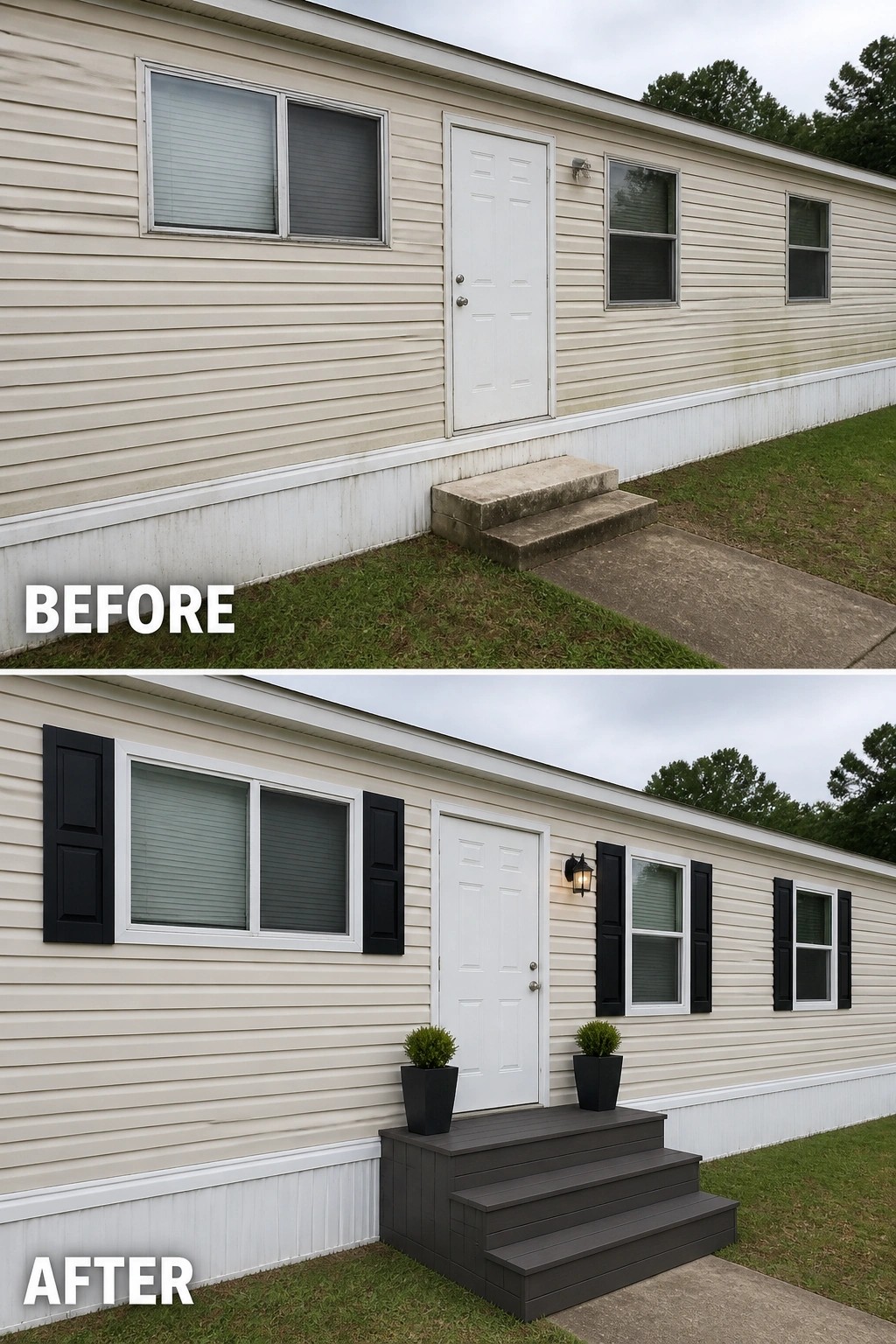 Before-and-after image of a mobile home exterior where a plain entrance was updated with a new set of front steps, black shutters, a porch light, and matching planters.