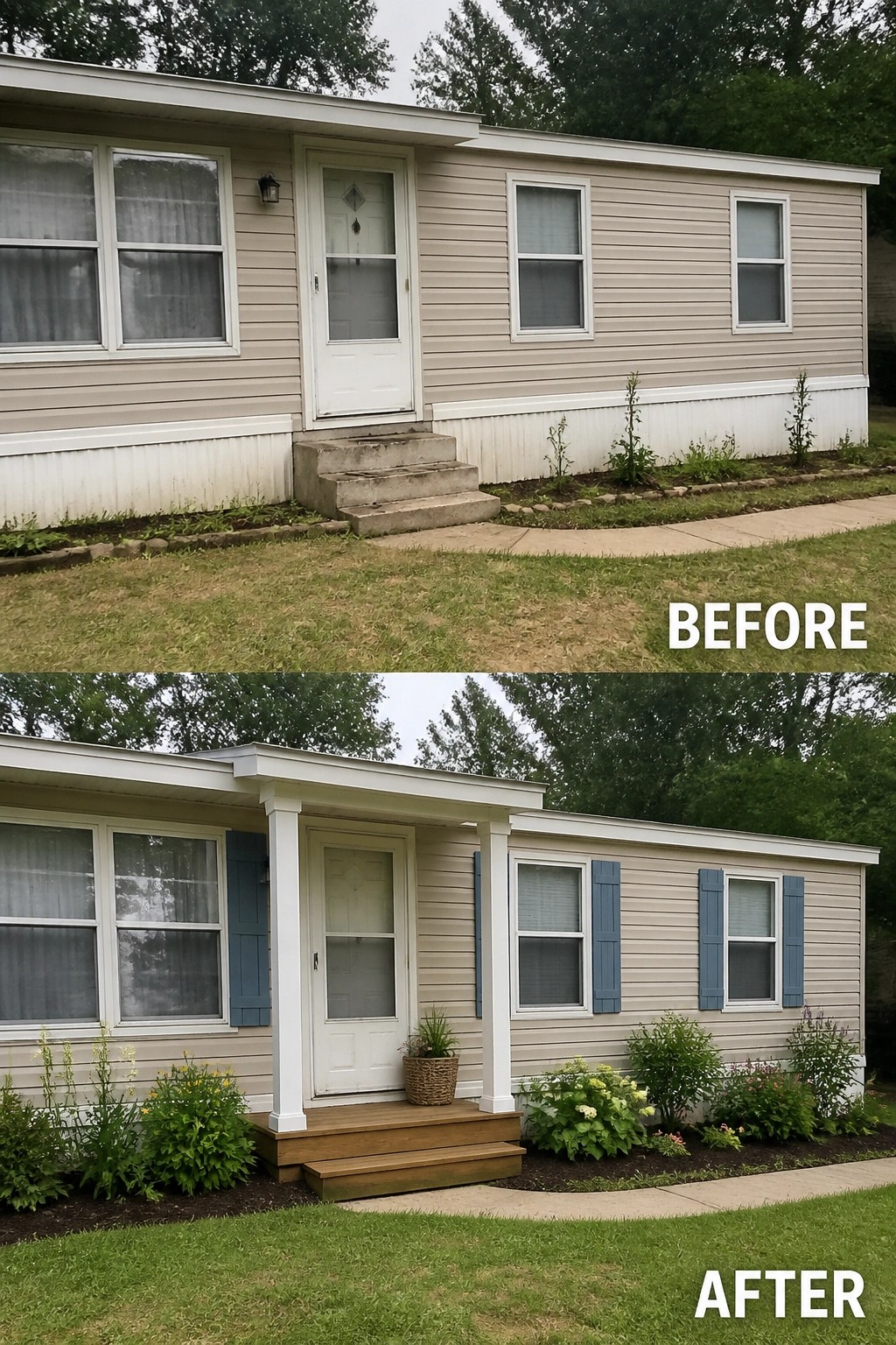 Before-and-after image of a mobile home front updated from plain concrete steps to a small covered wooden porch with a planted border.