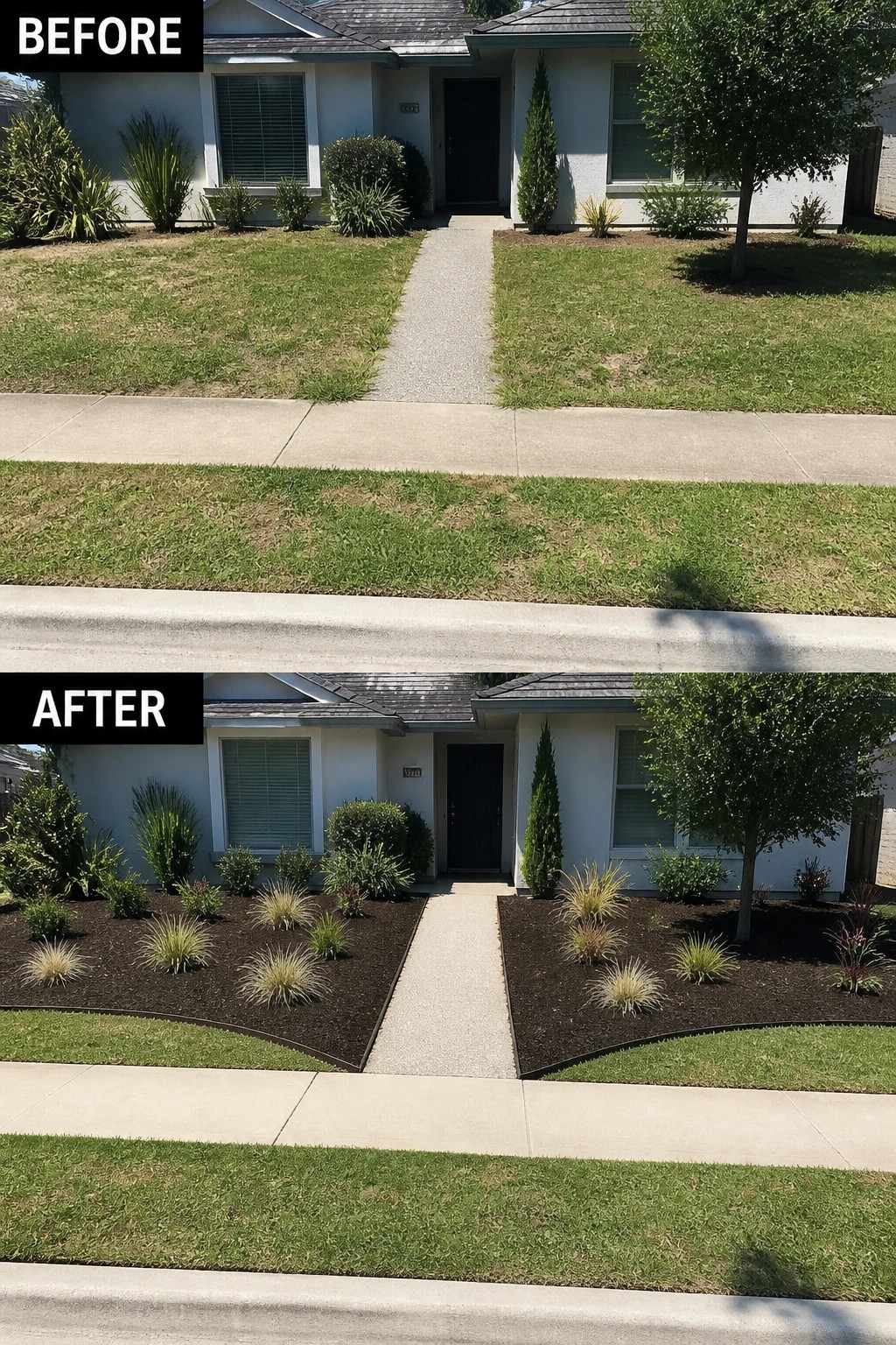 Before-and-after image of a front yard where patchy grass beside the walkway was replaced with defined mulch planting beds and new ornamental plants.