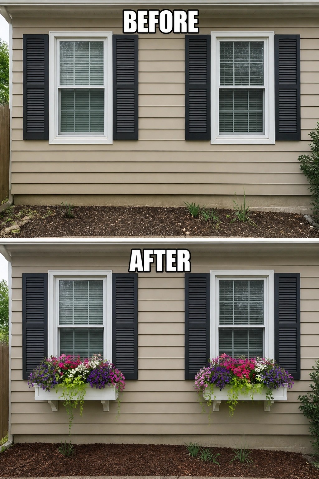 Before-and-after image of a house exterior where plain windows and a bare bed are updated with white window boxes filled with colorful flowering plants.