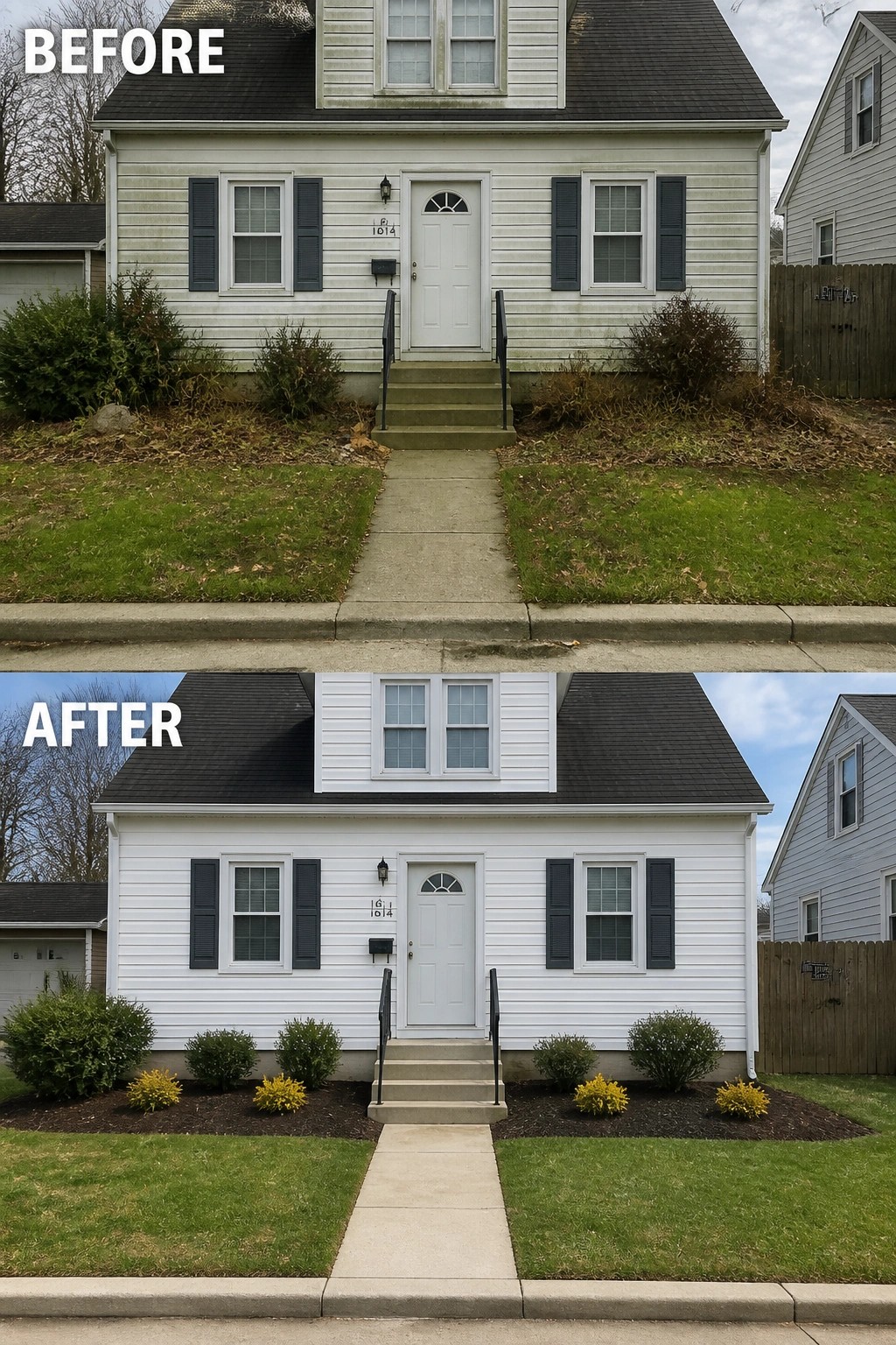 Before-and-after image of a small house exterior showing an overgrown front yard and messy beds changed into tidy, edged mulch beds with trimmed shrubs and small new plants.