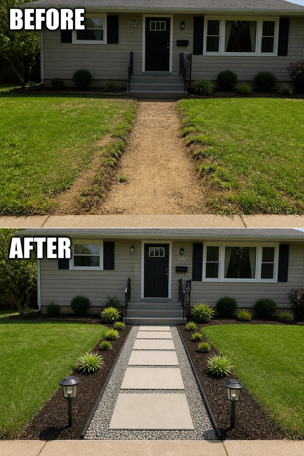 Before-and-after image of a worn dirt walkway replaced by large rectangular concrete pavers set in