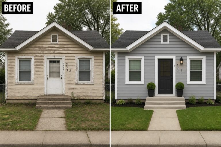19 Affordable Small House Remodel Ideas for Low-Cost Exterior Updates Split before-and-after bungalow facade: peeling beige siding to gray with white trim, black door, shrubs