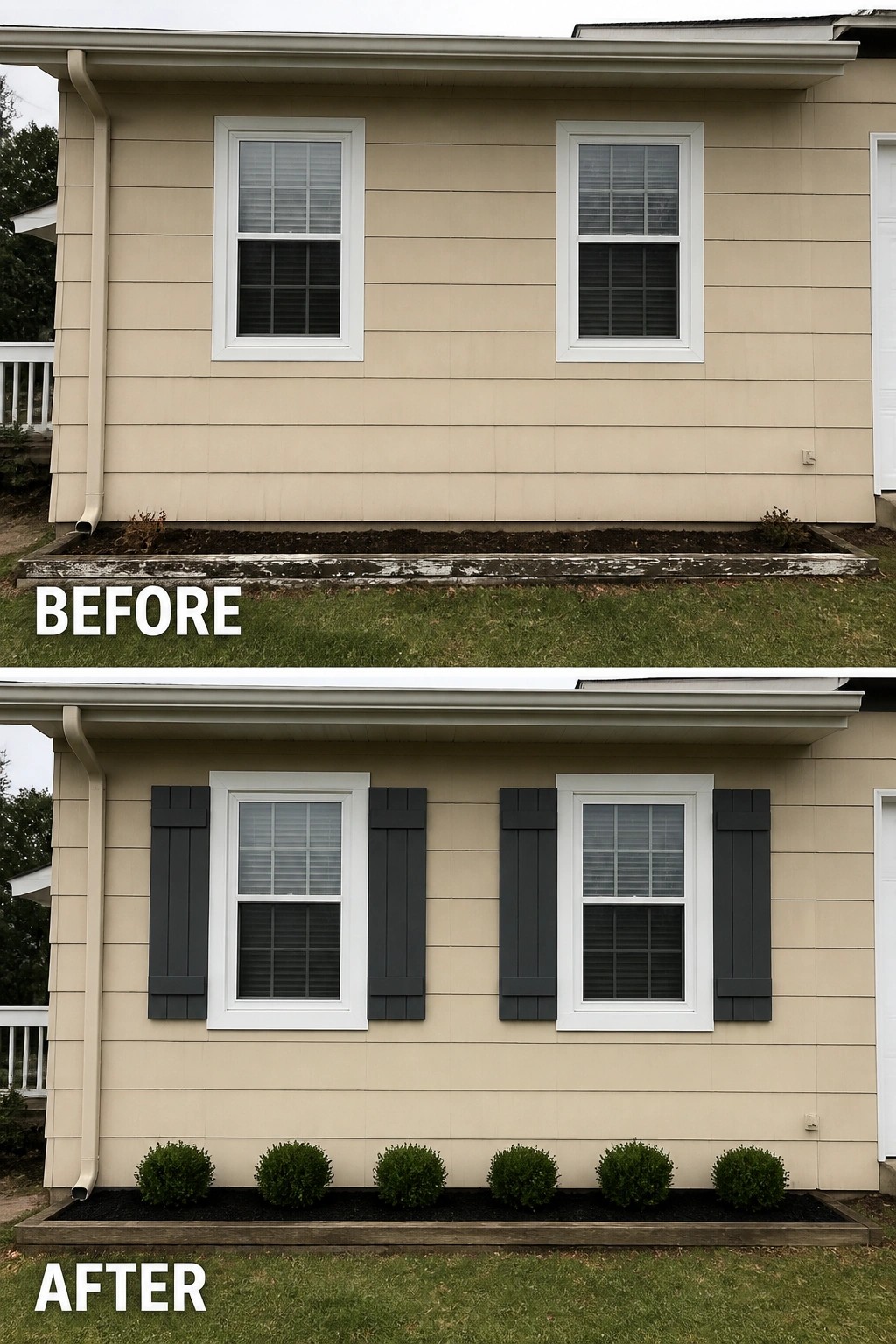 Before-and-after image of a plain beige house updated by adding dark window shutters and a row of small evergreen shrubs in the planting bed.