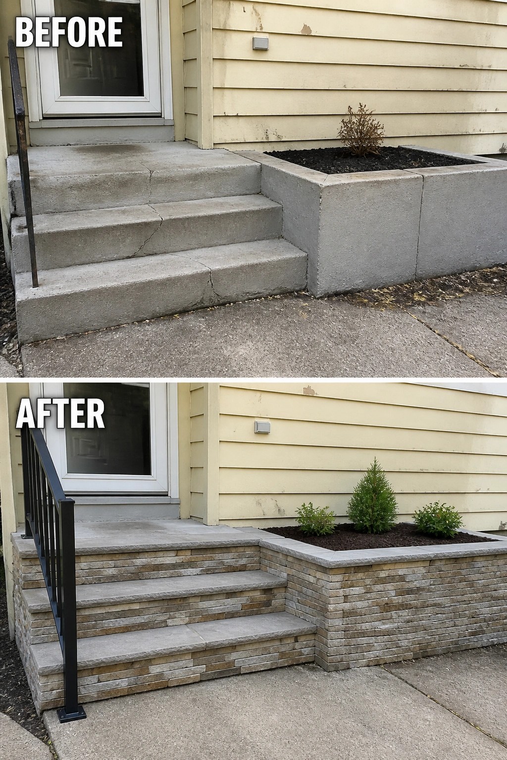 Before-and-after image of a plain concrete stoop updated by adding stacked stone veneer, a new black railing, and planted raised bed.