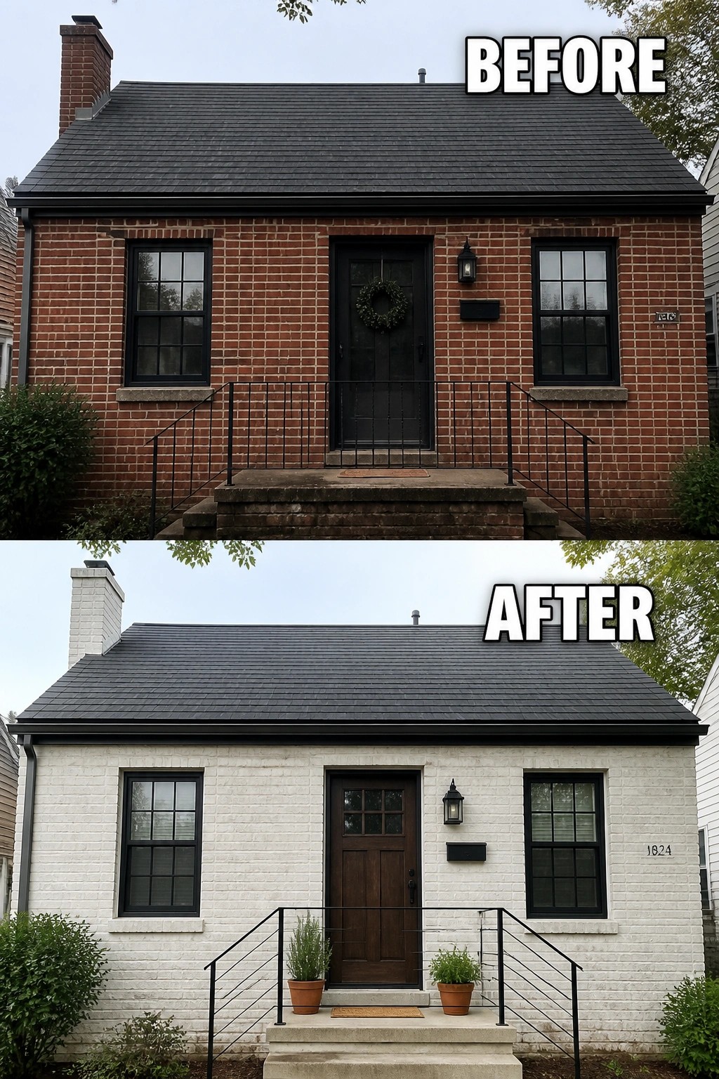Before-and-after image of a small brick house exterior updated by painting the brick white and adding a wooden front door, new railings, and potted plants.