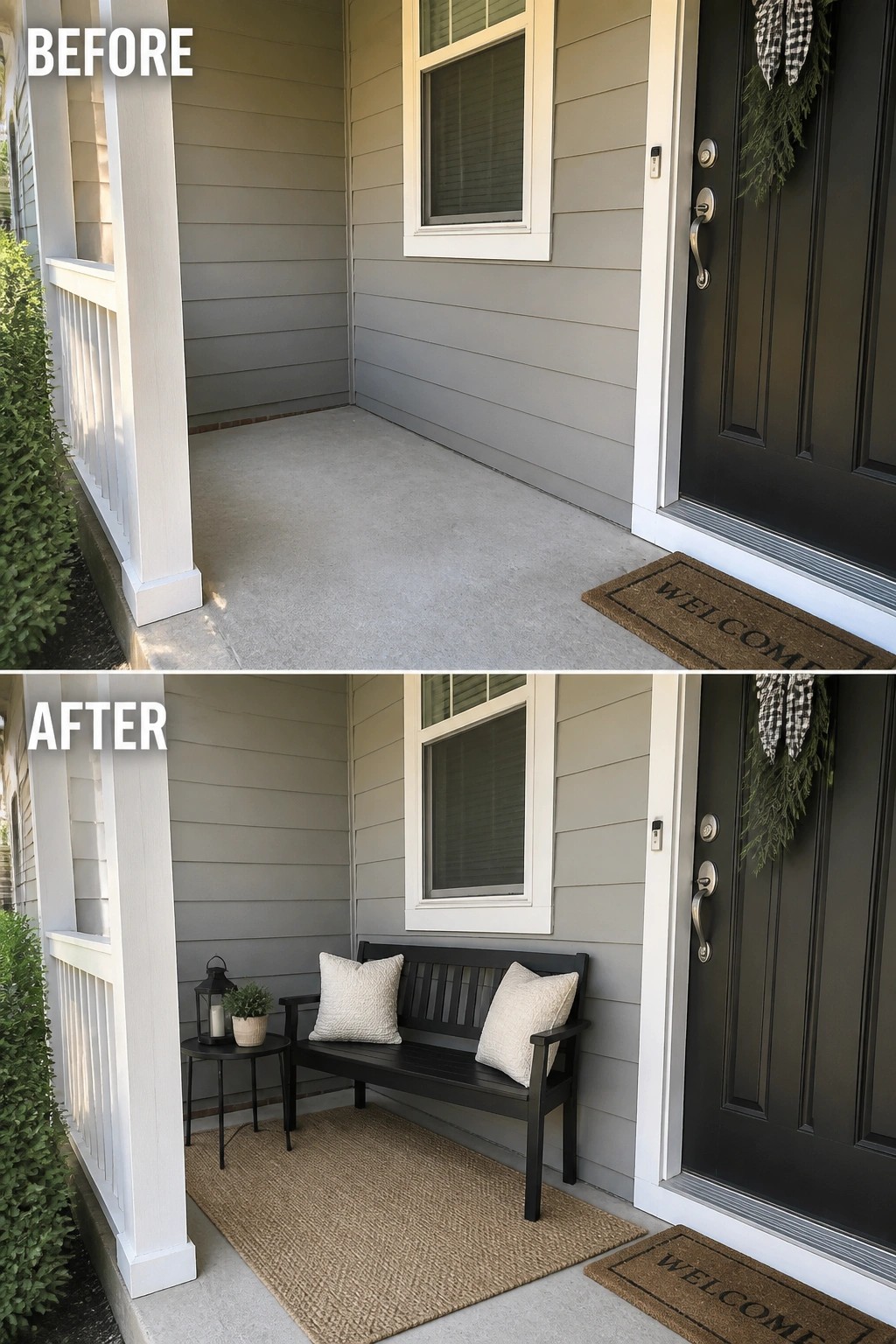 Before-and-after image of a small front porch updated from bare concrete to a defined seating area with a bench, rug, and side table.