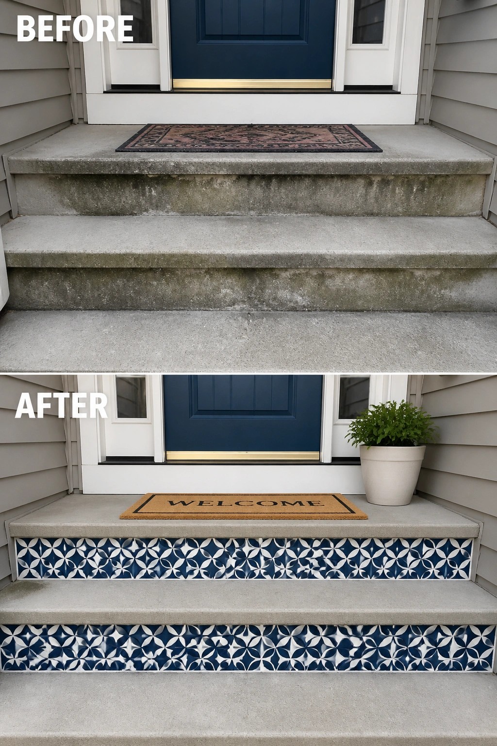 Before-and-after image of concrete front steps updated with patterned blue-and-white tile risers, a welcome mat, and a potted plant.