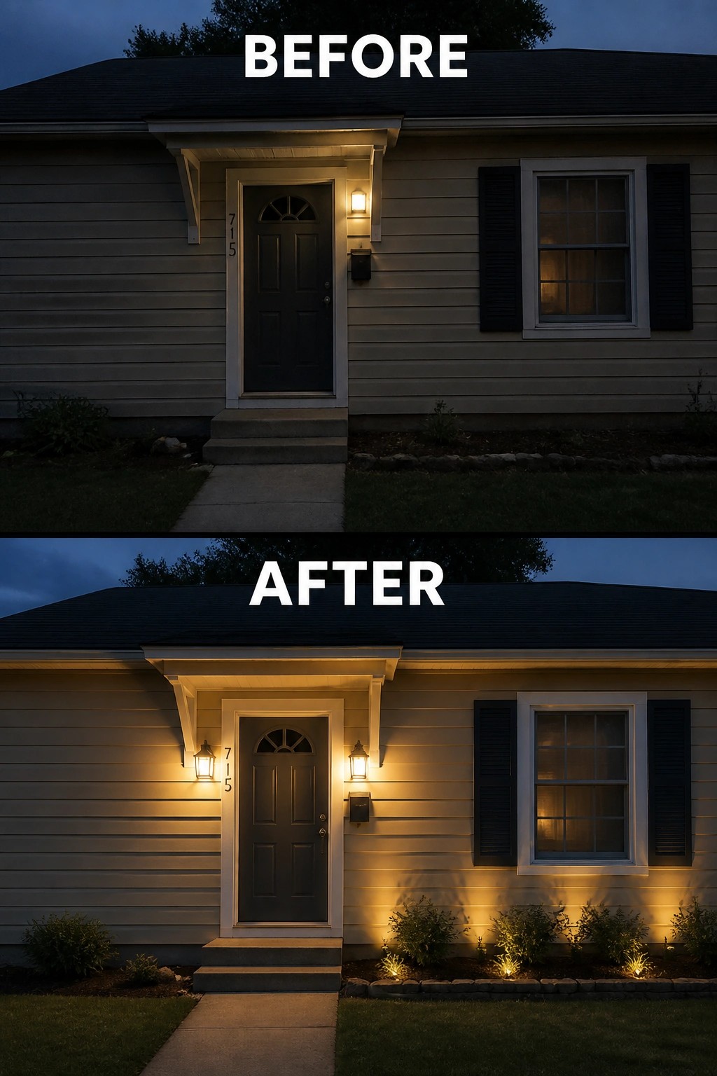 Before-and-after image of a simple house facade updated with new wall lanterns, ground uplights, and small foundation shrubs.