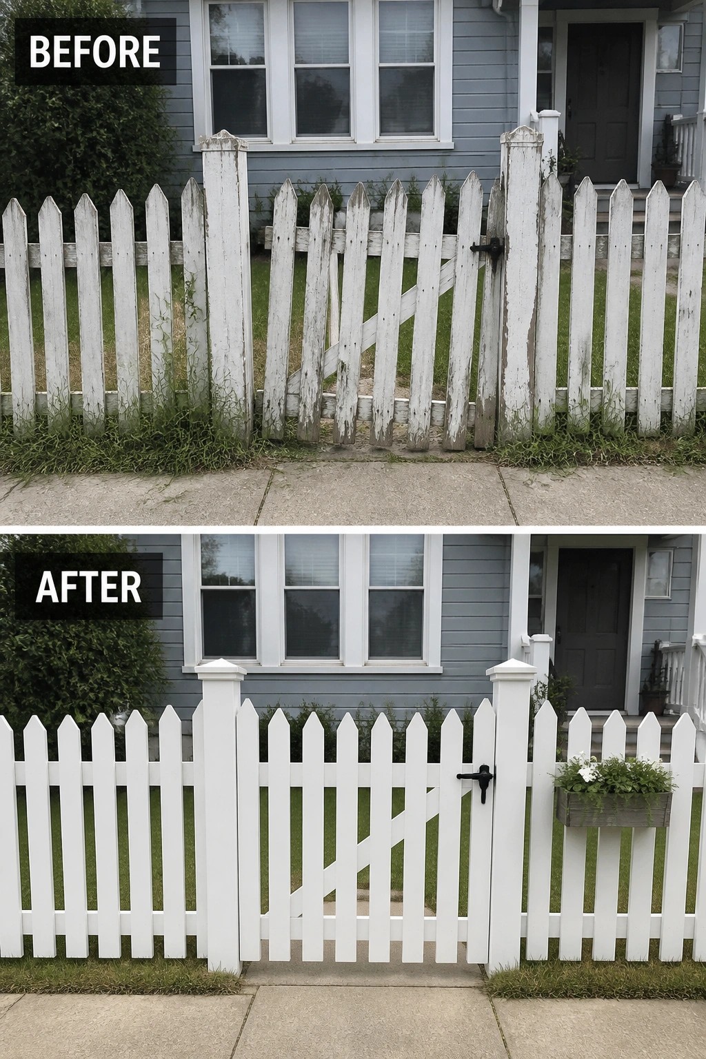 Before-and-after image of a front yard showing a peeling, weathered white picket fence replaced with a new clean white picket fence and gate.