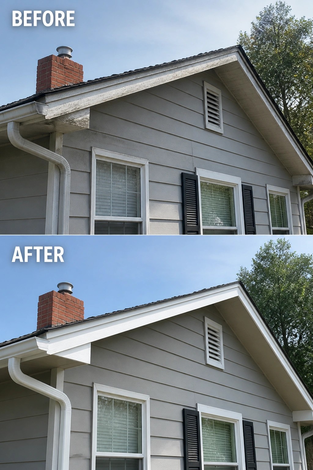 Before-and-after image of a house where faded, peeling roof eave and trim were cleaned and repainted white to refresh the exterior.