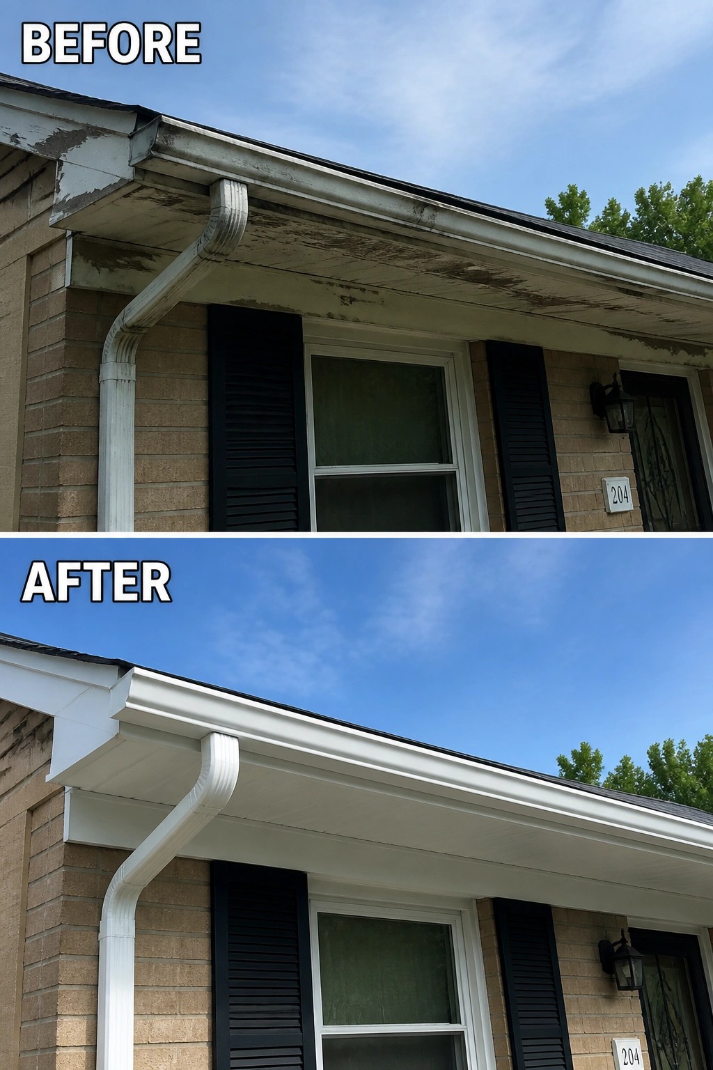Before-and-after image of a house eave showing peeling, stained soffit and trim replaced with clean white soffit, new fascia, and a new gutter.