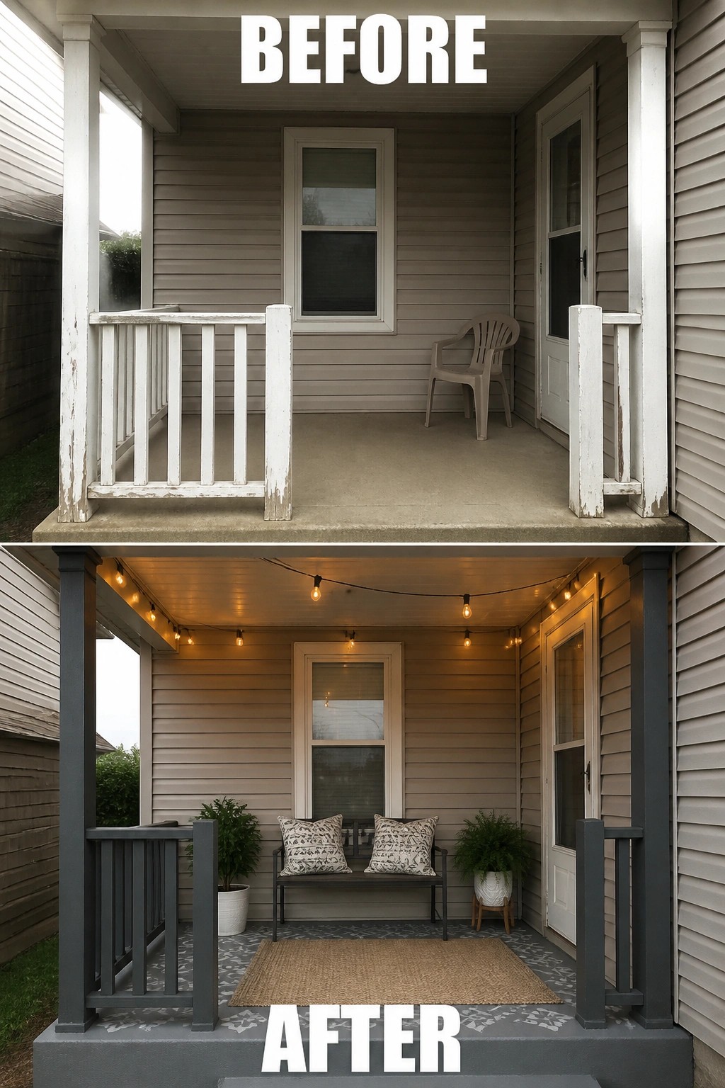 Before-and-after image of a bare porch turned into a small seating area with a bench, outdoor rug, plants, and string lights.