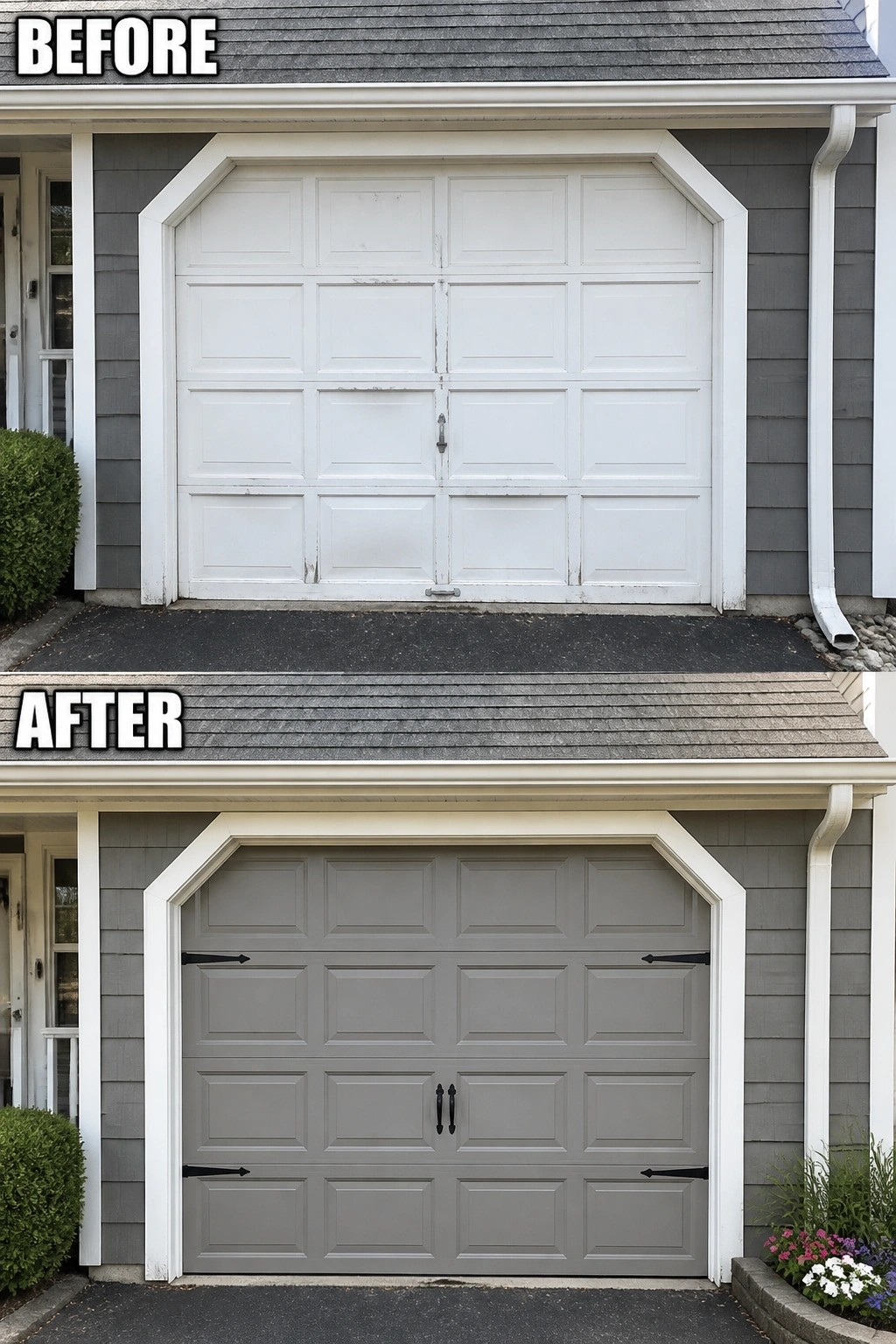 Before-and-after image of a garage door updated from scuffed white to a muted gray with black decorative handles.