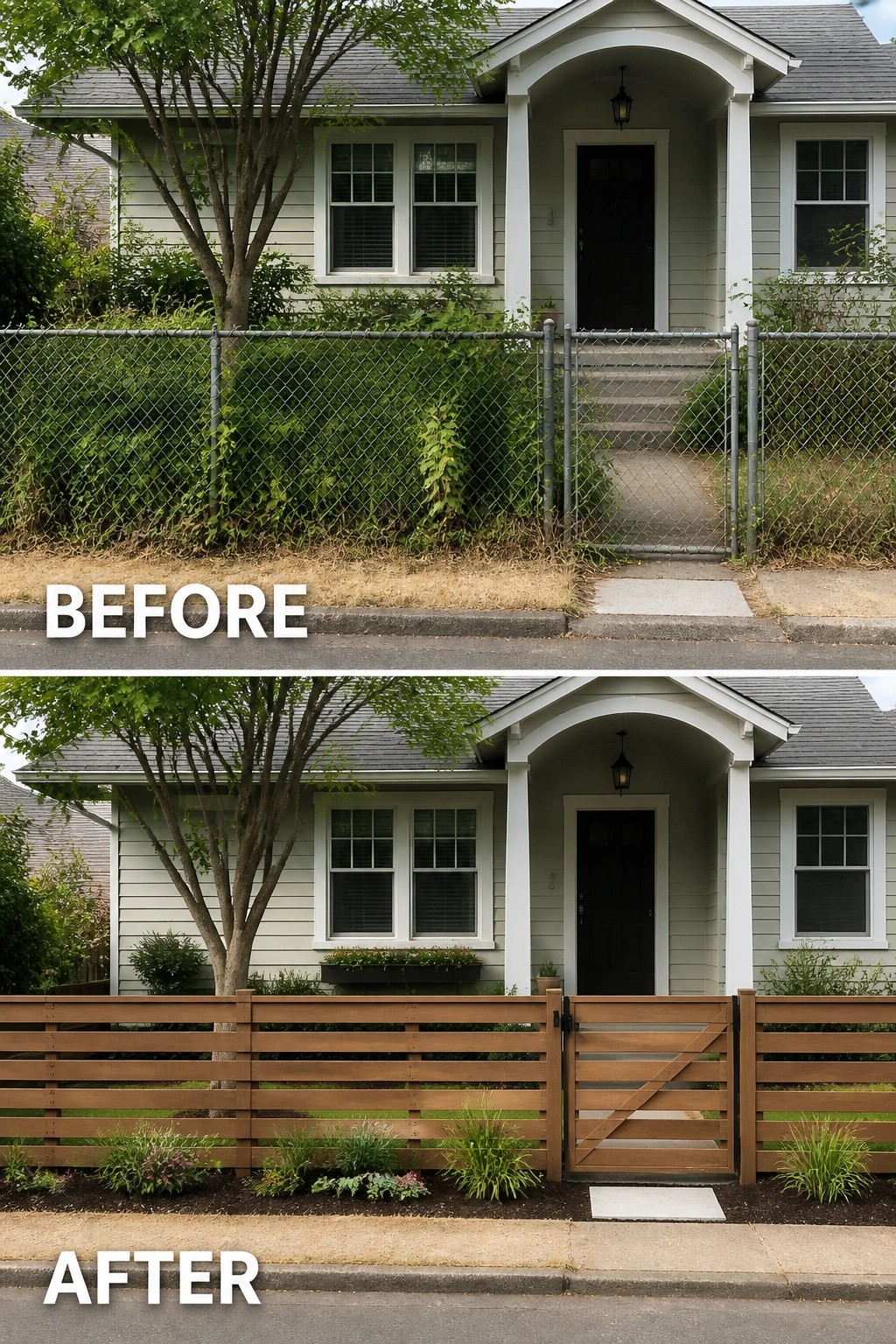 Before-and-after image showing a front yard where an old chain-link fence and overgrown border are replaced by a low horizontal wooden fence with a neat planted bed.