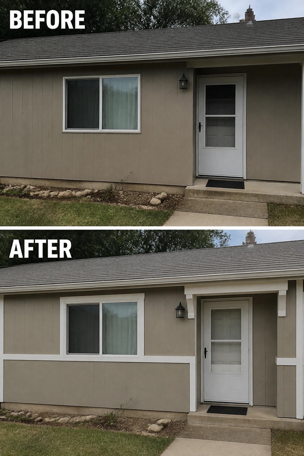 Before-and-after image of a plain house exterior updated with white trim around the window and door and a small covered porch with decorative brackets.