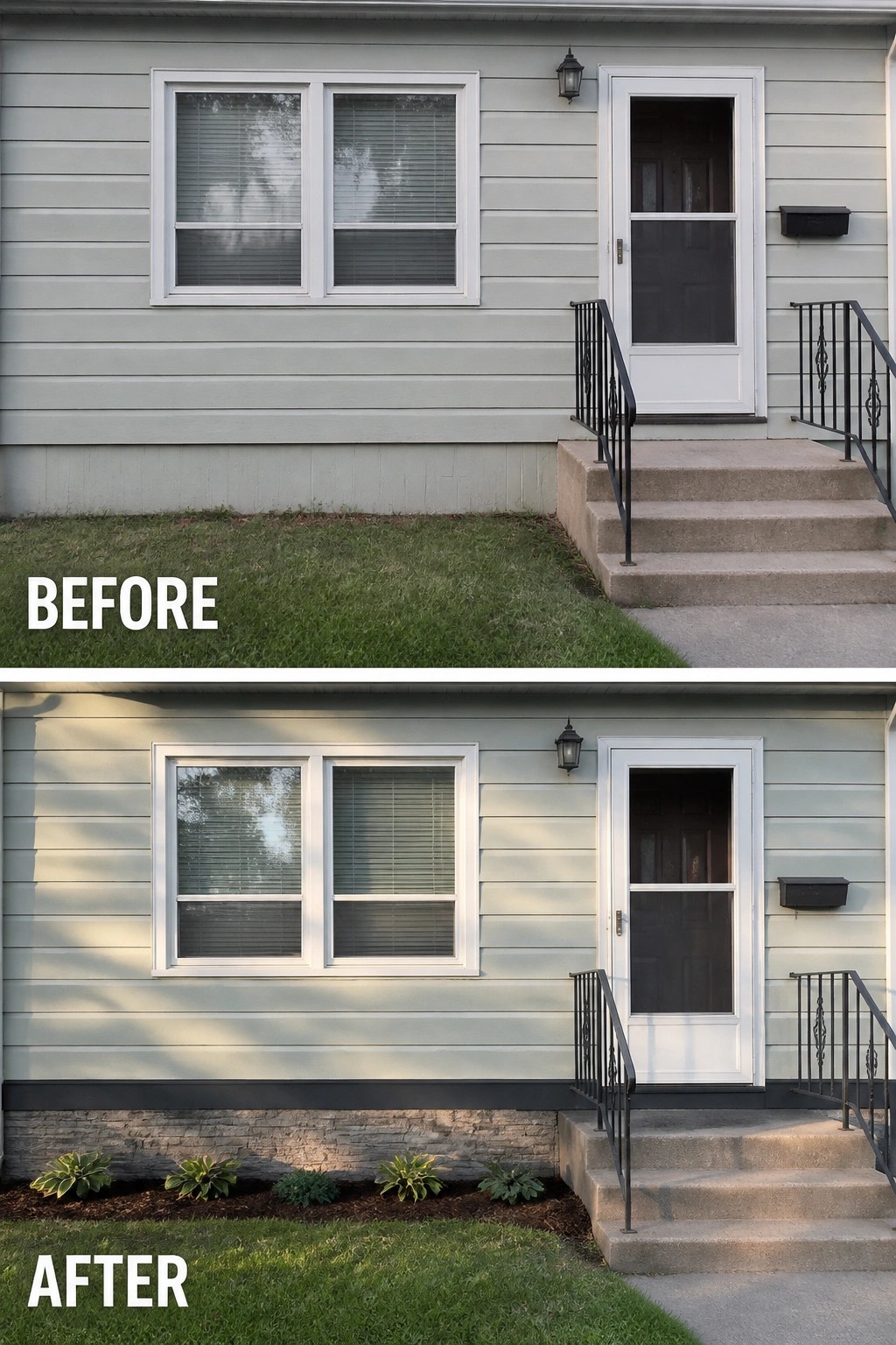 Before-and-after image of a manufactured home front where an unadorned foundation and lawn are updated with a narrow planted bed and a darker base trim.