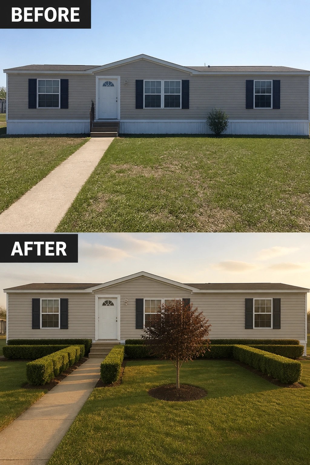 Before-and-after image of a manufactured home front yard changed from plain grass to a finished look with clipped hedges lining the walkway and a small ornamental tree in a mulched bed.