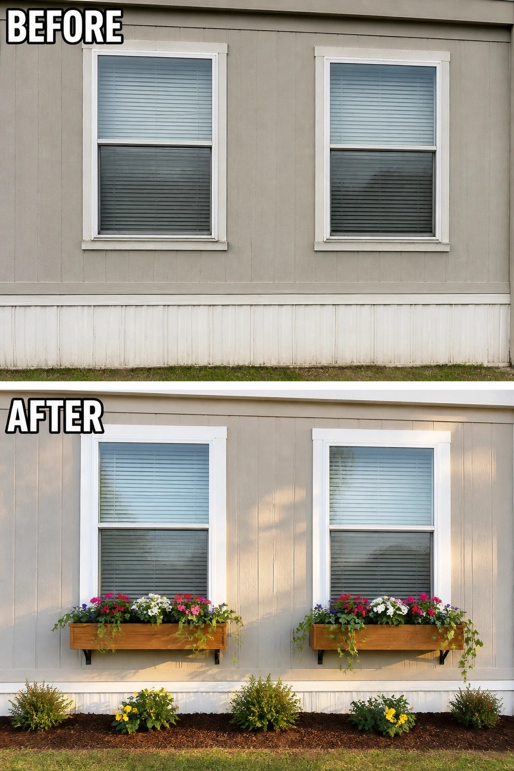Before-and-after image of a plain manufactured home exterior updated with wooden window boxes of colorful flowers and a low mulched flower bed beneath the windows.