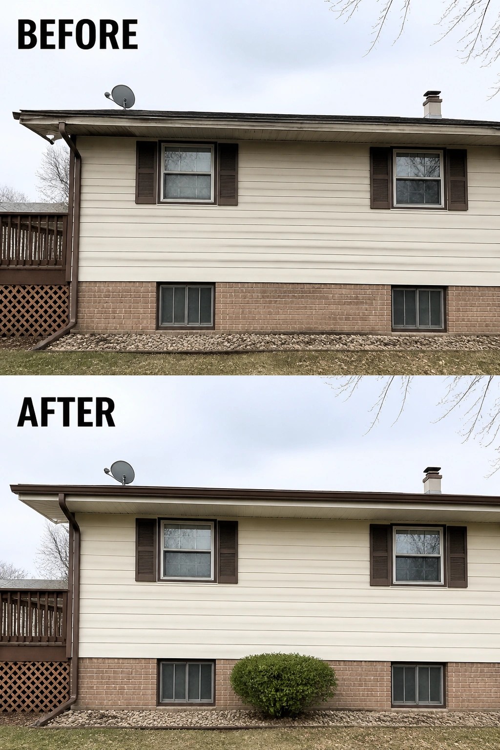 Before-and-after image of a manufactured home front where a bare foundation bed is improved by adding a single low evergreen shrub under a window.