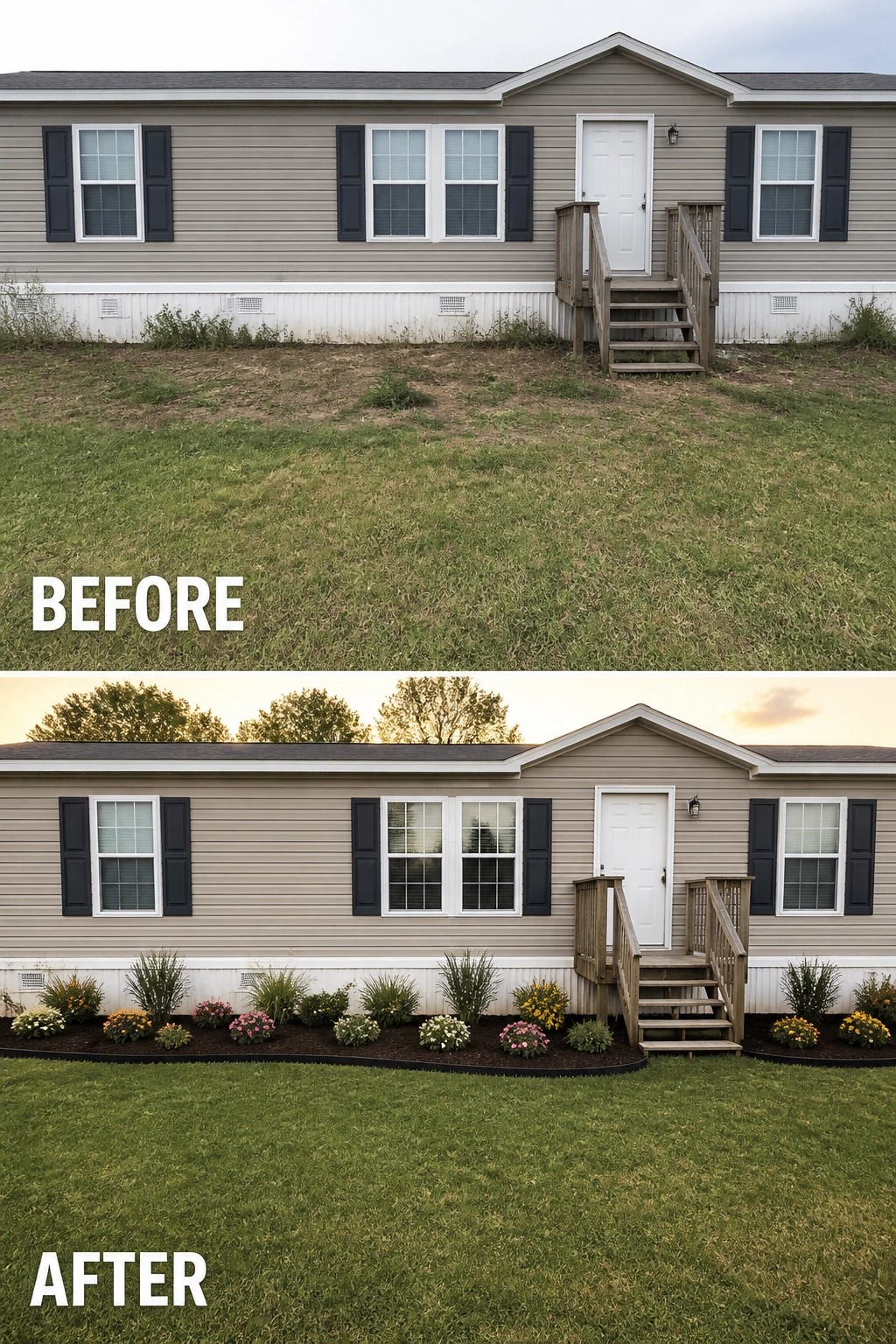 Before-and-after image of a manufactured home where a bare strip of dirt in front was changed into a mulched, edged garden bed with low shrubs and flowering plants.