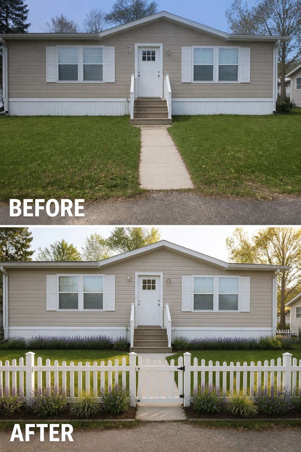 Before-and-after image of a manufactured home front where a short white picket fence and low planting beds were added to define the entry and frame the walkway.