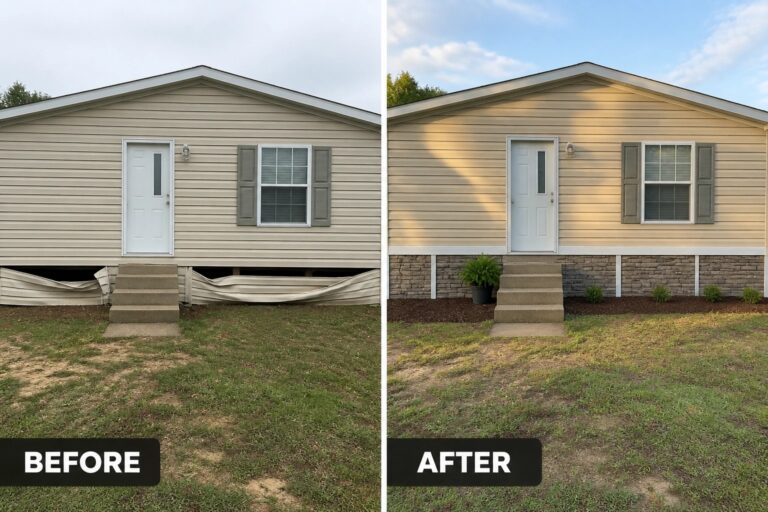 Before-and-after image of a manufactured home where damaged white vinyl skirting is replaced with stone-look skirting and a tidy mulch bed plus a potted plant at the steps.
