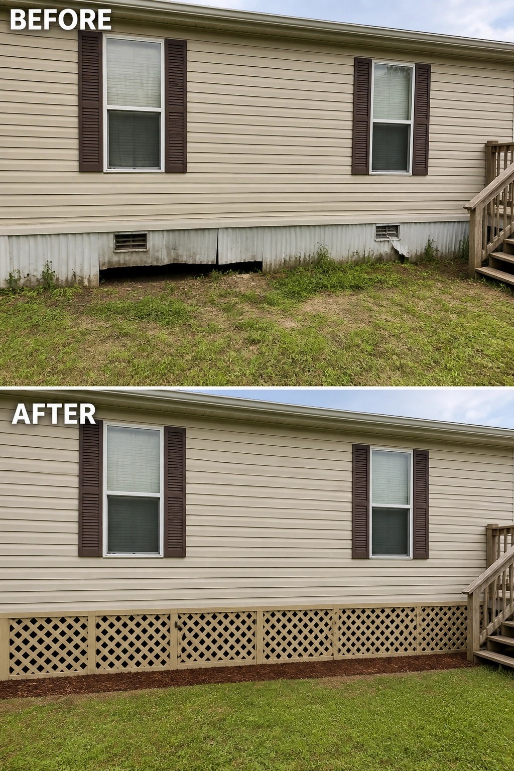 Before-and-after image of a manufactured home where damaged metal skirting was replaced with painted lattice skirting and a tidy mulch border.